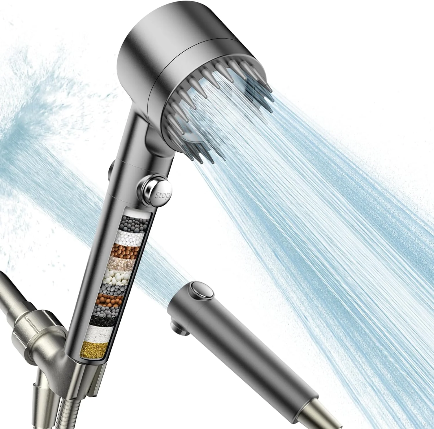 Filtered Shower Head. High Pressure Water Flow and Multiple Spray Modes Shower Head with Filter and ON/OFF Switch for Pets Bath