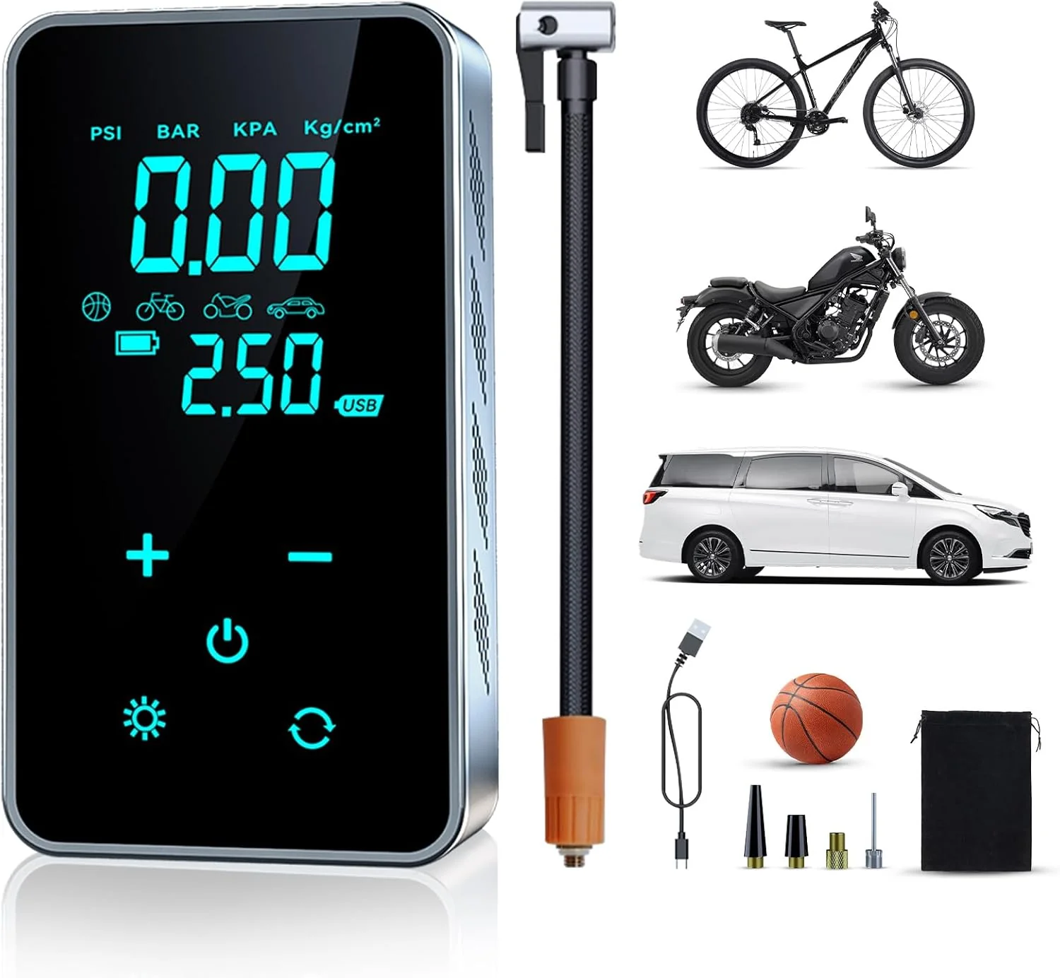 Portable Tire Inflator 150PSI. Cordless Air Compressor with Digital Gauge. LCD Screen for Car. Bike. Motorcycle. Ball