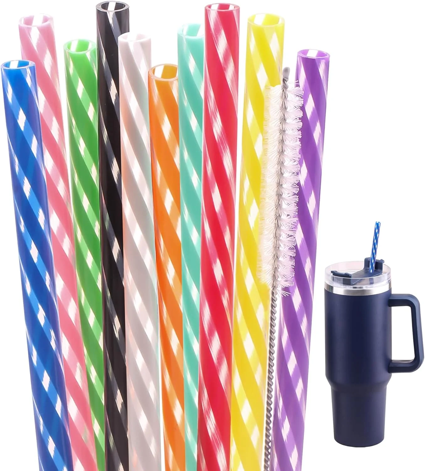 Dakoufish 14 Inch 10 Color Replacement Reusable Drinking Straw for Stanley 100 oz 64 oz 40 oz 30oz Tumbler.Dishwasher Safe Plastic Straws for Stanley Cup Accessories.Set of 10 with Cleaning Brush