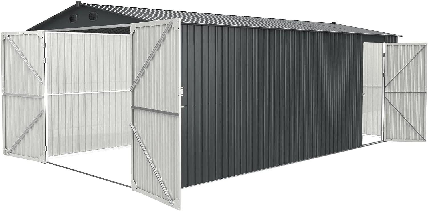 20x10 Ft Outdoor Metal Tool House. Backyard Utility Large Storage Sheds with 4 Vents and 2 Doors. Metal Car Canopy Shelter for Car and More