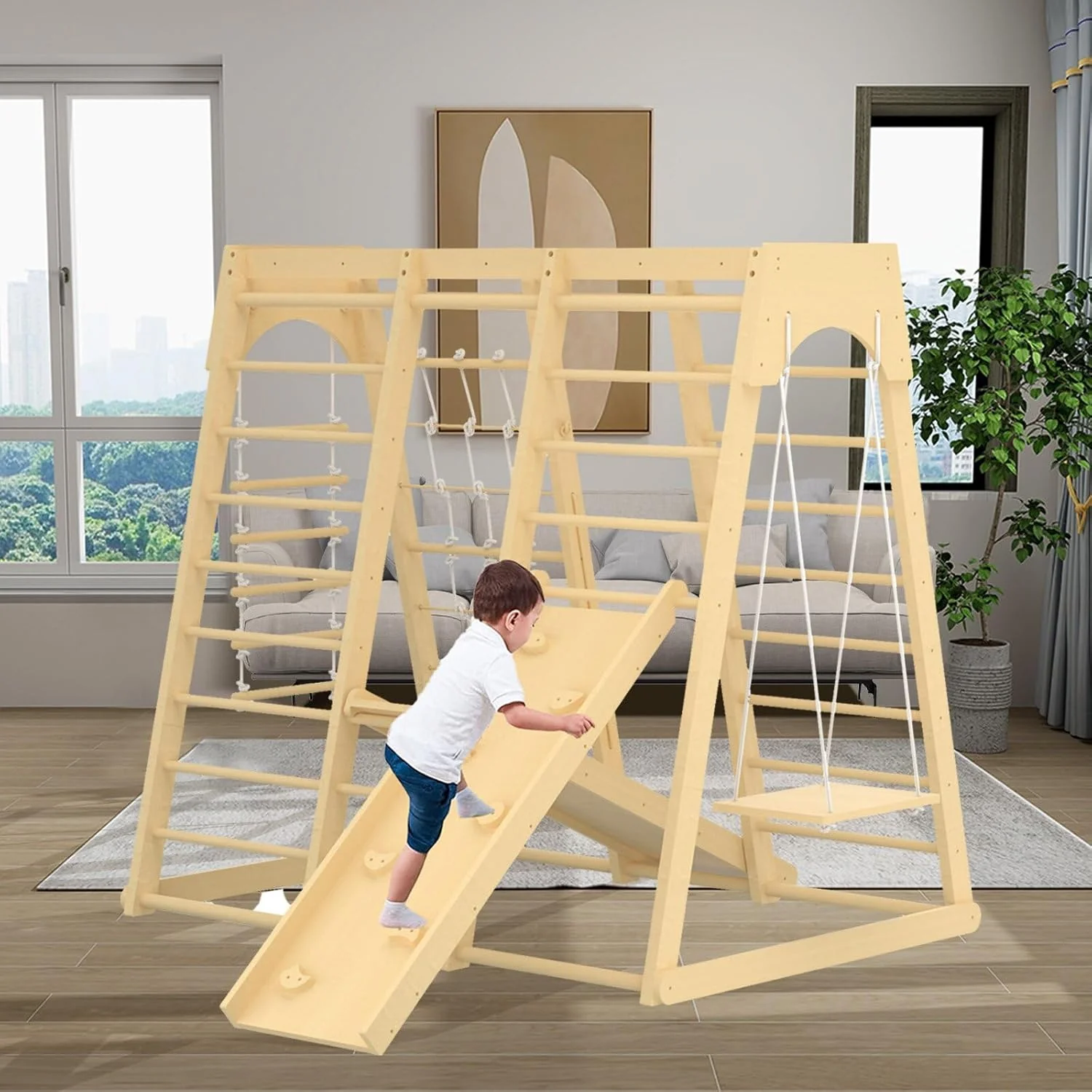 66-Inch 8-in-1 Indoor Jungle Gym for Toddlers – Swing. Slide. Rock Wall. Monkey Bars & More