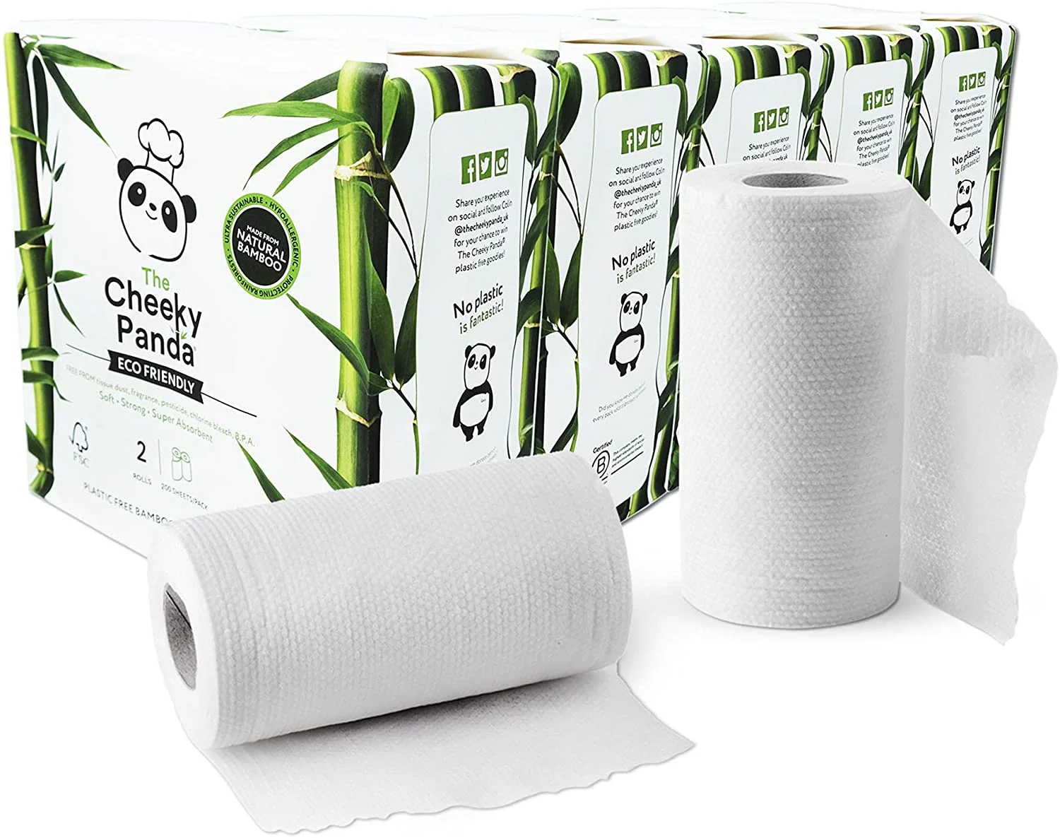 Bamboo Kitchen Paper Towel Rolls. Box of 10 Rolls. 5 Pack of 2 Rolls. 2-Ply. Biodegradable. Multipurpose. Eco-Friendly. Super Absorbent. Sustainable