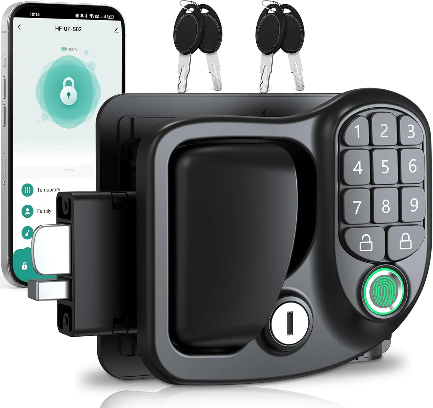 4-in-1 Keyless RV Door Lock: Bluetooth. Fingerprint. Passwords & Keys. Opening Size 3.75x2.75x1.5
