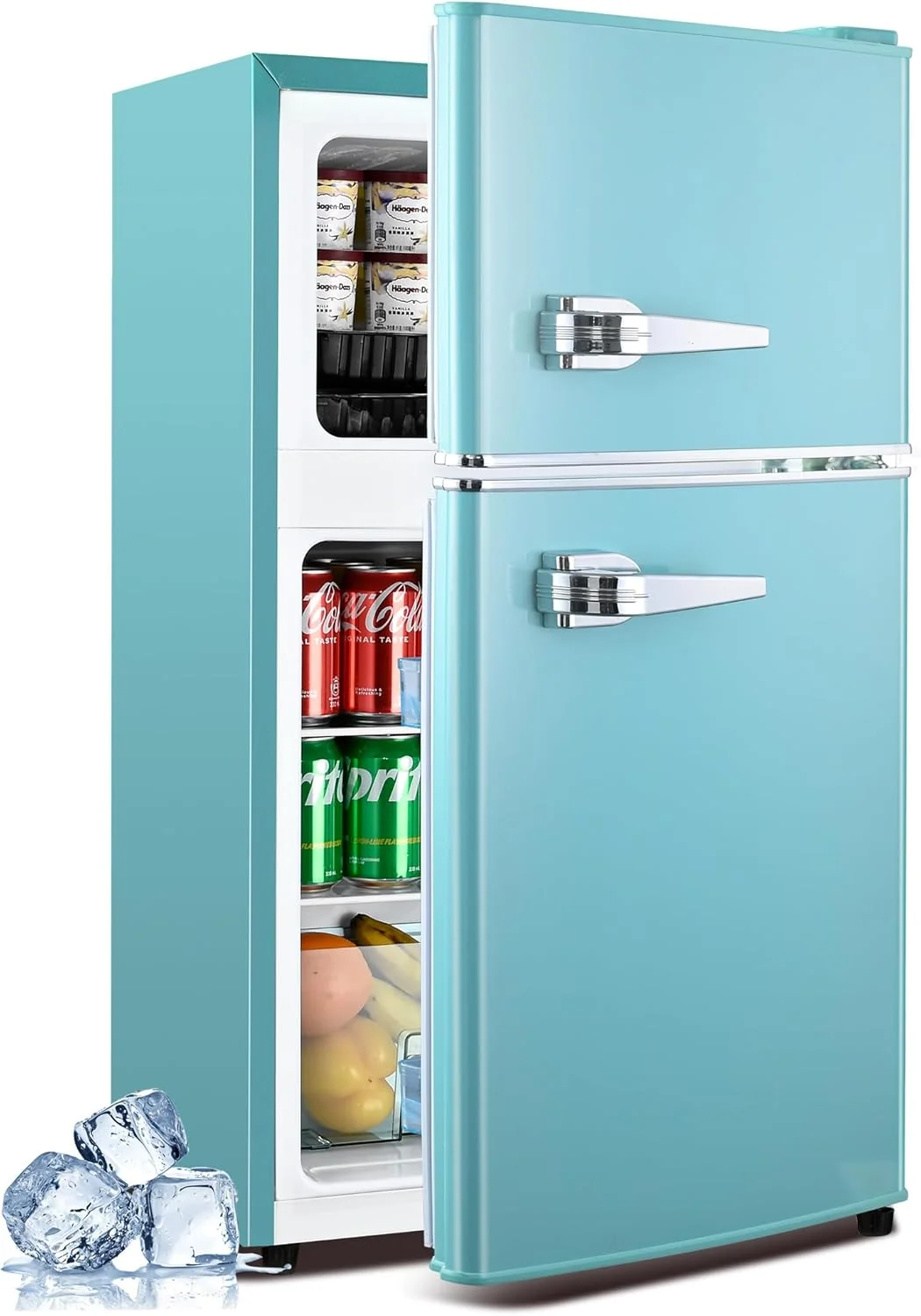 Retro 3.2 Cu. Ft. Compact Refrigerator with Freezer – Double Door Design. 7 Temperature Settings. Adjustable Glass Shelves – Perfect for Dorms. Offices & Apartments (Blue)