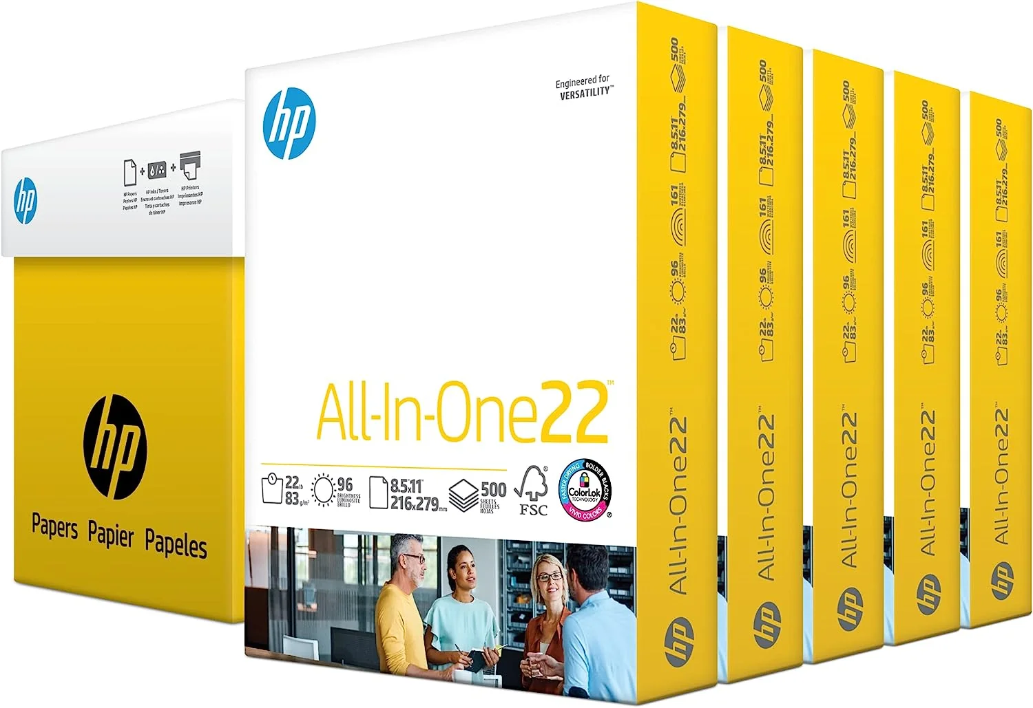 8.5x 11 Paper. All-In-One 22 lb. 5 Ream Case. 2.500 Sheets. 96 Bright. Made in USA. FSC Certified