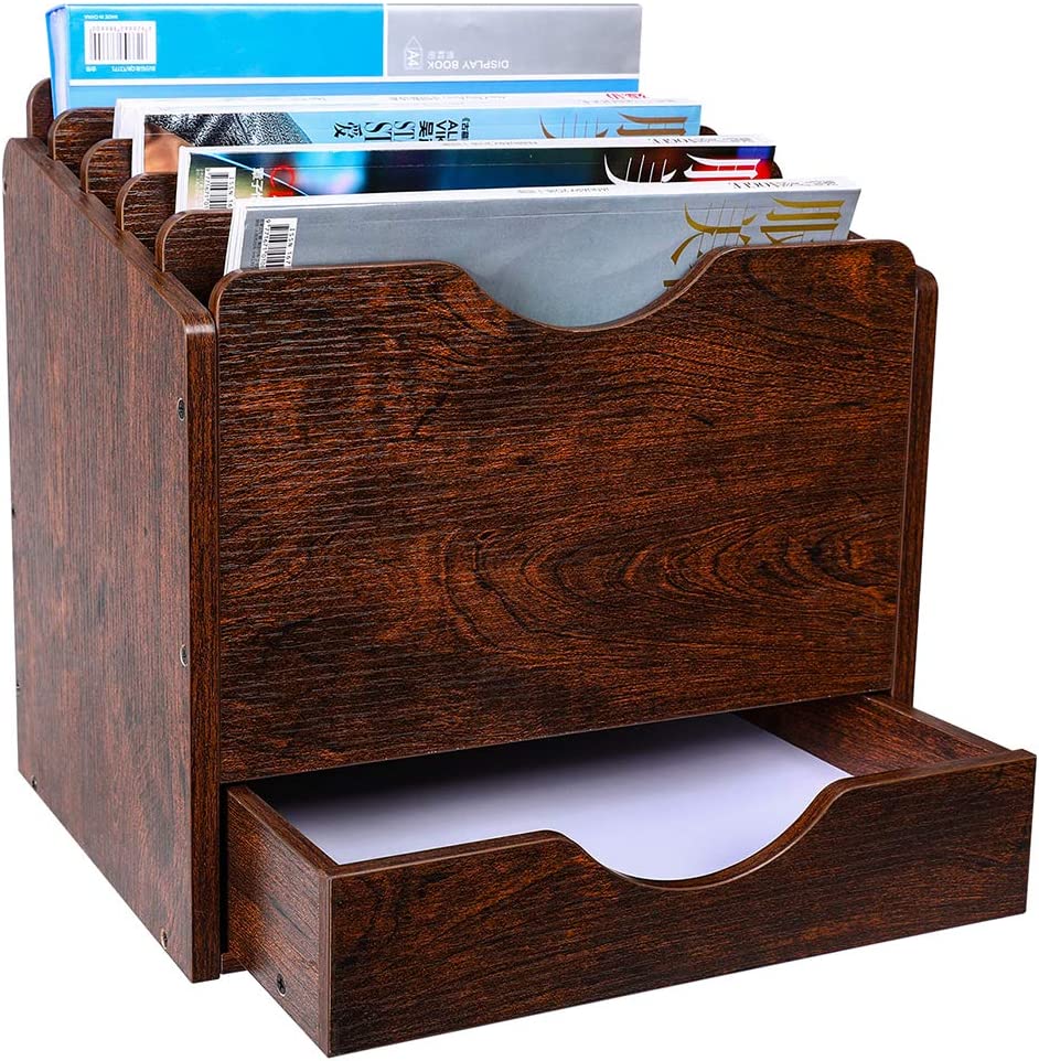 Wood Desktop File Holder Organizer Mail Sorter with Drawer
