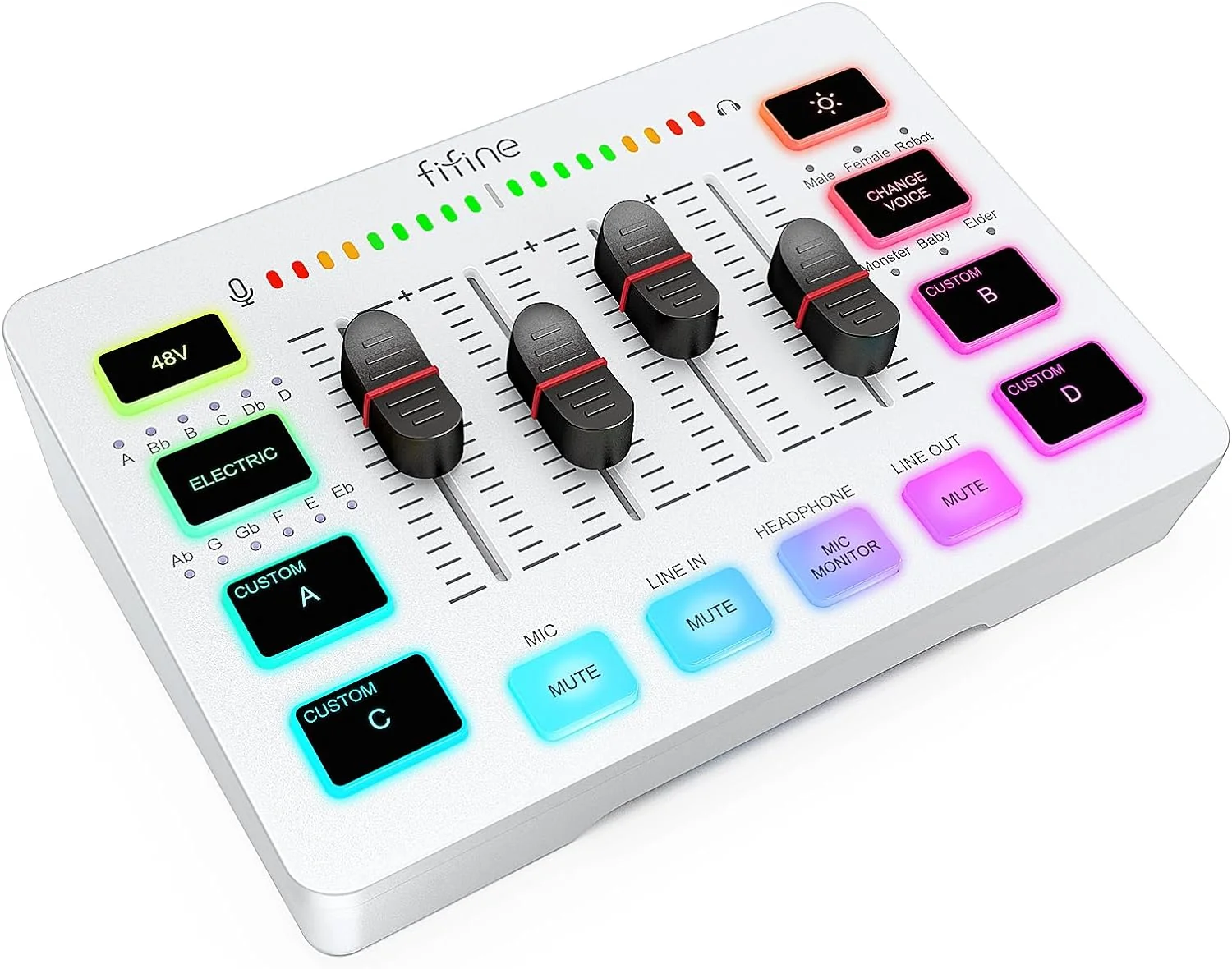 Gaming Audio Mixer. Streaming RGB PC Mixer with XLR Microphone Interface. Individual Control. Volume Fader. Mute Button. 48V Phantom Power