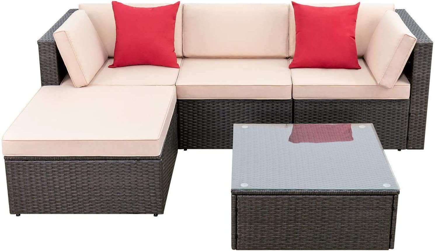 5 Pieces Patio Furniture Set. All Weather Outdoor Sectional Patio Sofa Manual Weaving Wicker Rattan Patio Seating Sofas with Cushion and Glass Table Beige