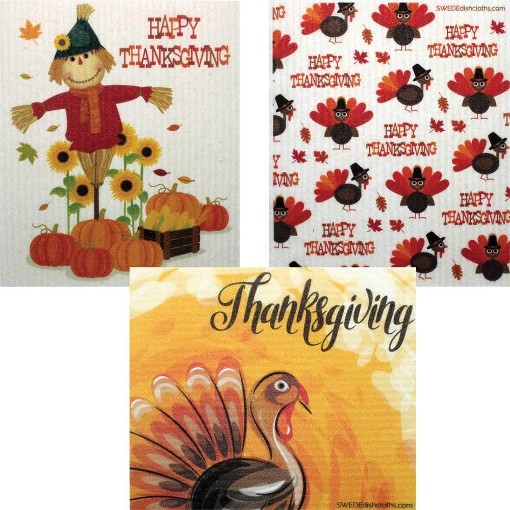 Thanksgiving Set of 3 Swedish Dishcloths. ECO Friendly Absorbent Cleaning Cloth. Reusable Cleaning Wipes