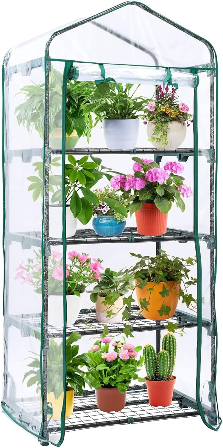 Mini Greenhouse for Outdoors & Indoors. 4 Tier Shelves. Portable Greenhouses with Heavy Duty Transparent PVC Cover for Winter Garden