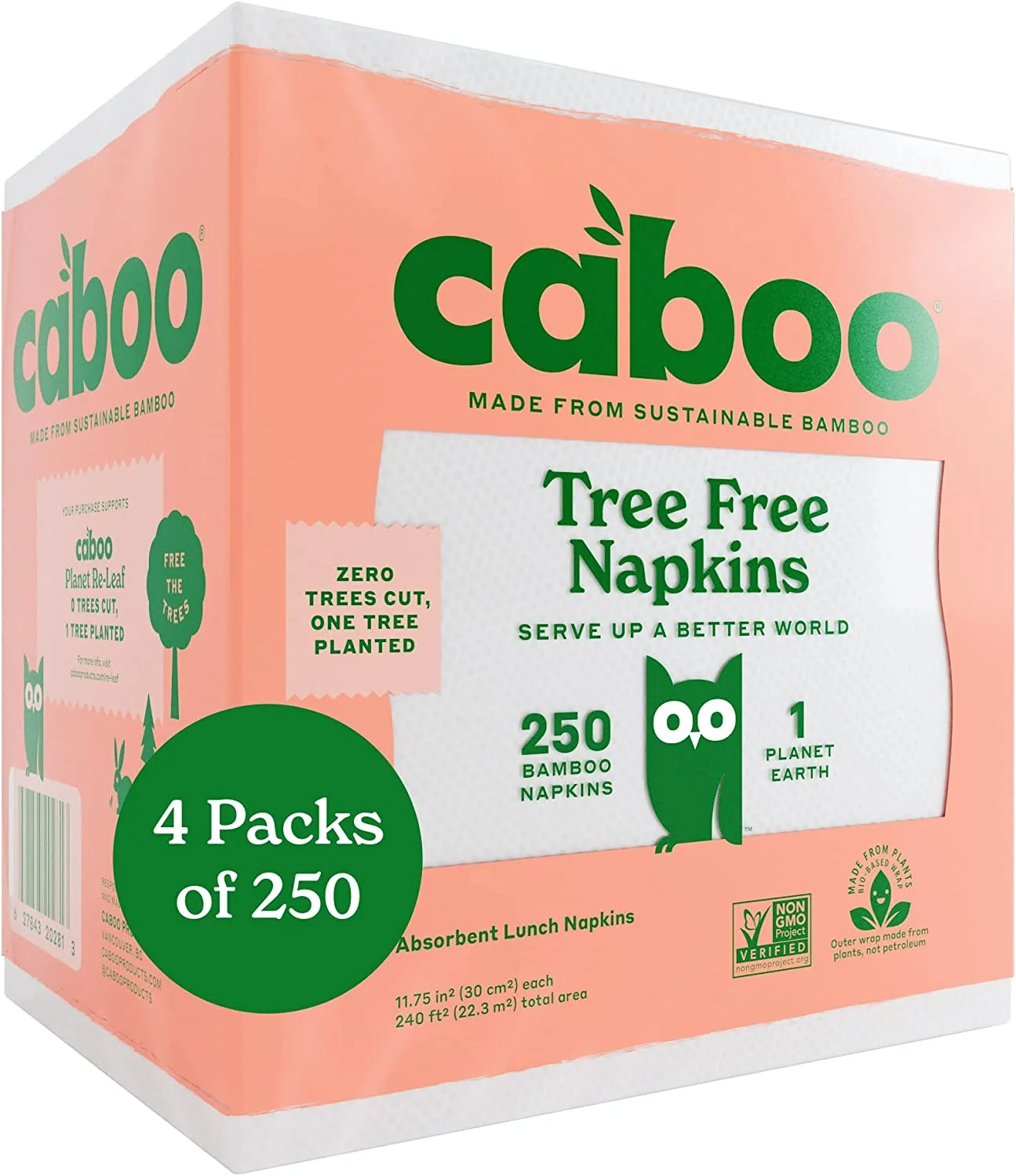 Bamboo Paper Napkins. 4 Packs of 250. 1000 Total Napkins. Eco Friendly. Sustainable. and Disposable Kitchen Napkins