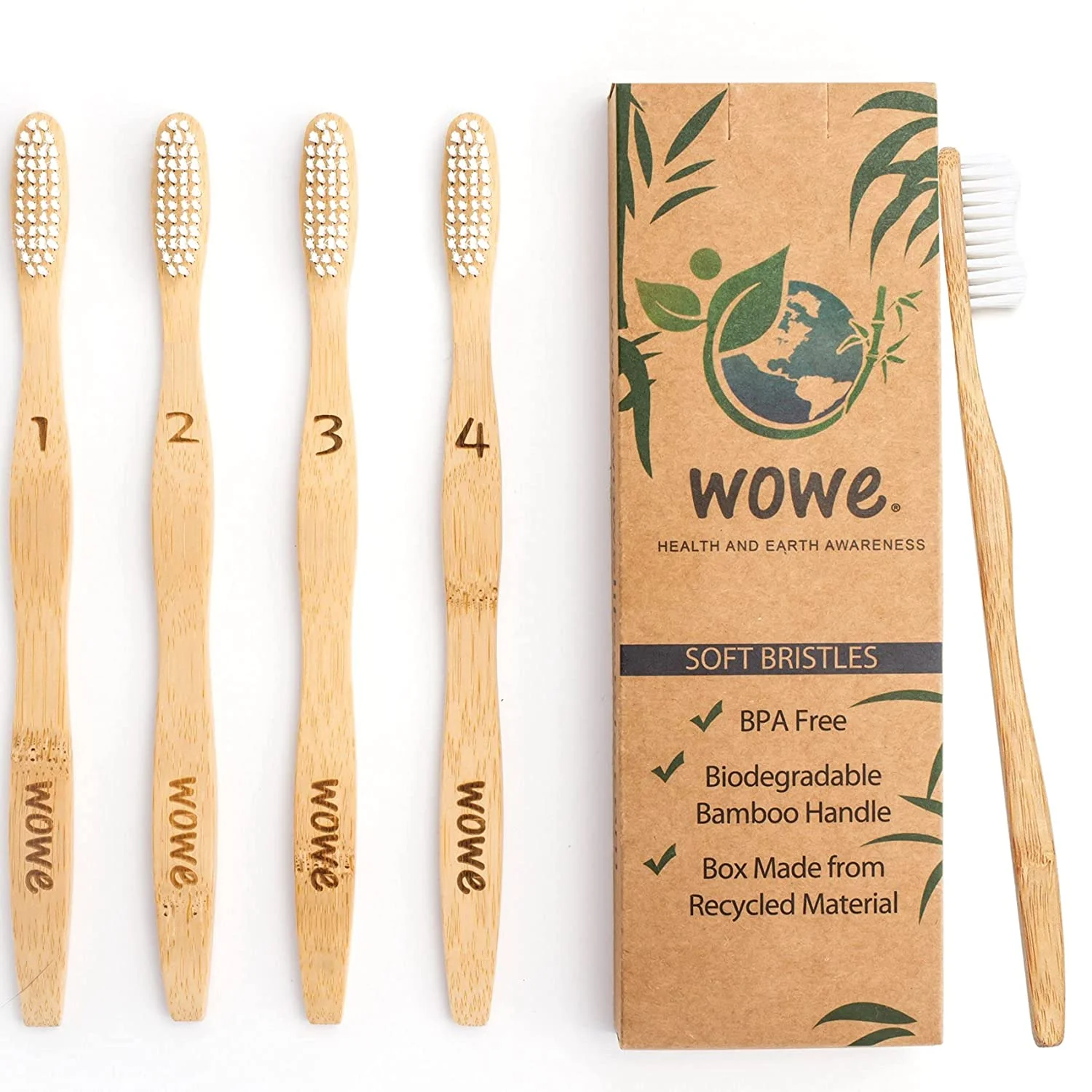 Natural Organic Bamboo Toothbrush Eco-Friendly Wood. Ergonomic Biodegradable Handle . Soft BPA Free Bristles. Pack of 4