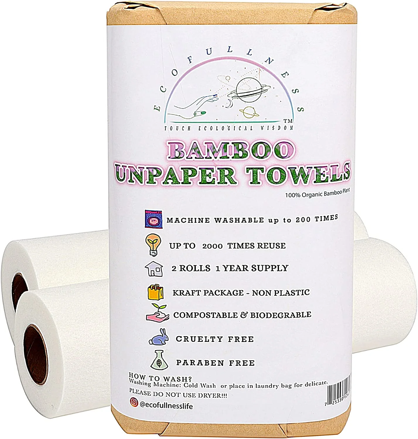 Bamboo Paper Towels - Washable Reusable. 2 Rolls. Use Up to 2000 Times - Eco Friendly. Zero Waste. Biodegradable Kitchen Roll. 40 Sheets
