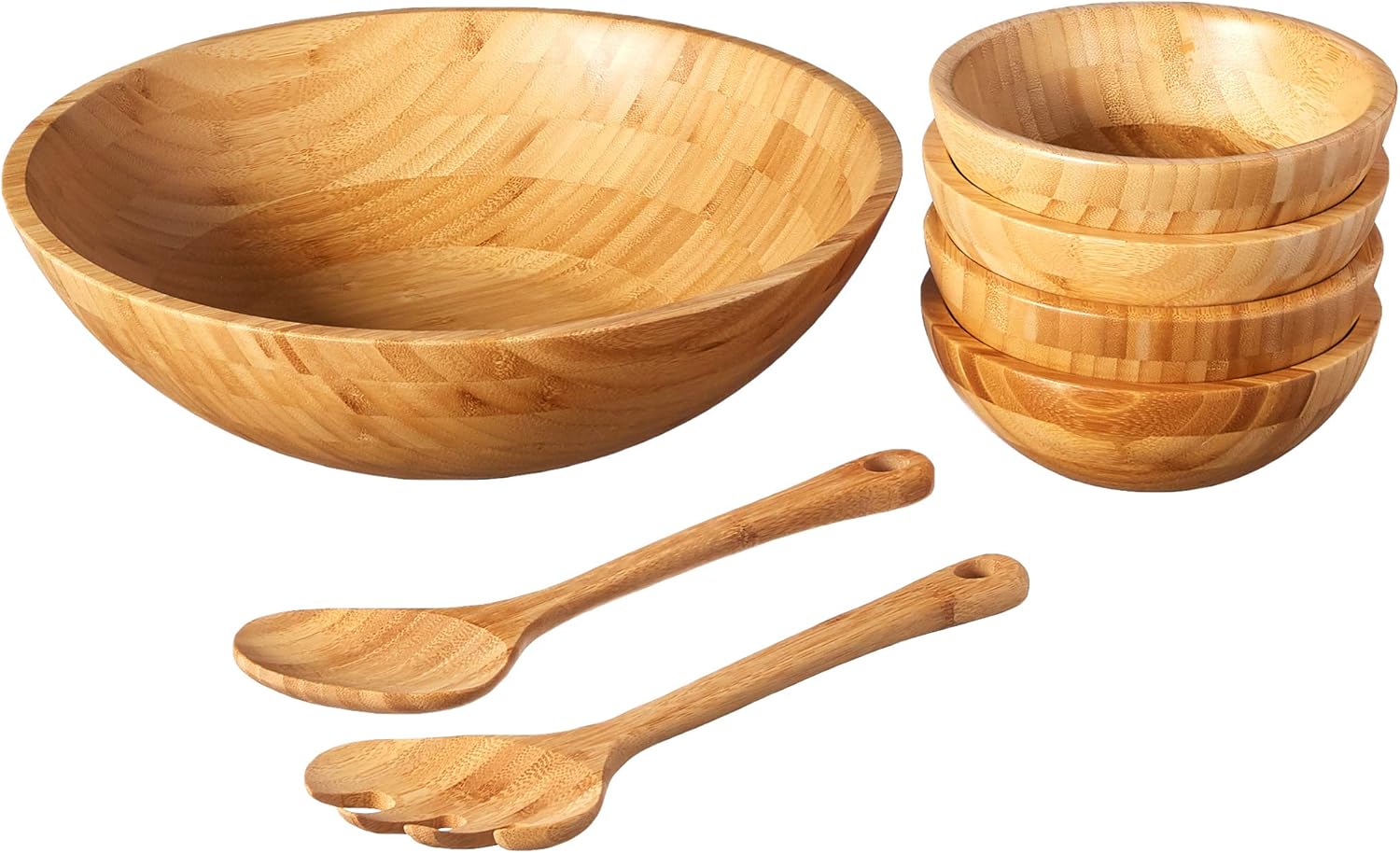 Bamboo Wood Salad Bowl. Large. 7-Piece Set
