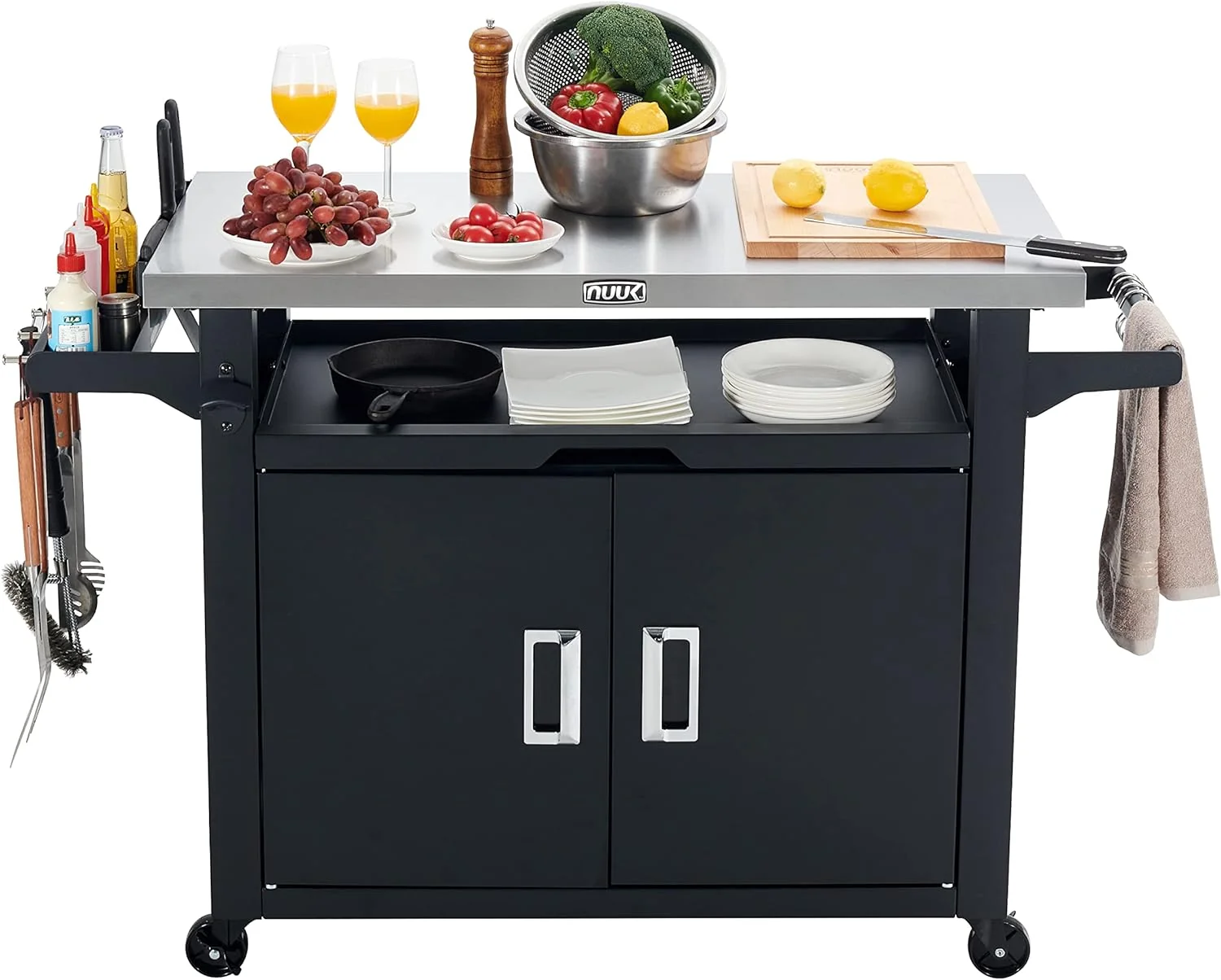 Rolling Prep Station. 20 x 30 Stainless Steel Kitchen Storage Island with Enclosed Cabinet and Storage Drawer