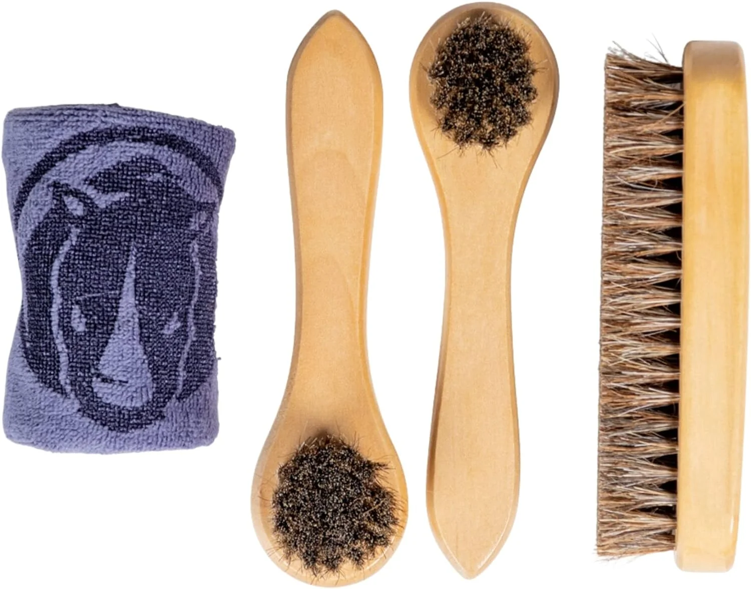 Shoe and Boot Brush Kit 4 Pcs - Genuine Soft Horsehair Brush Bristles and Microfiber Cloth