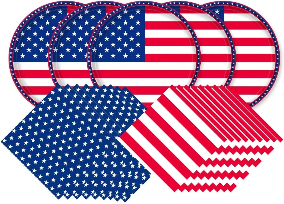 American Flag Patriotic Party Supplies. Disposable Napkins Paper Plates and Paper Cups for Veterans Day 4th of July Independence Day