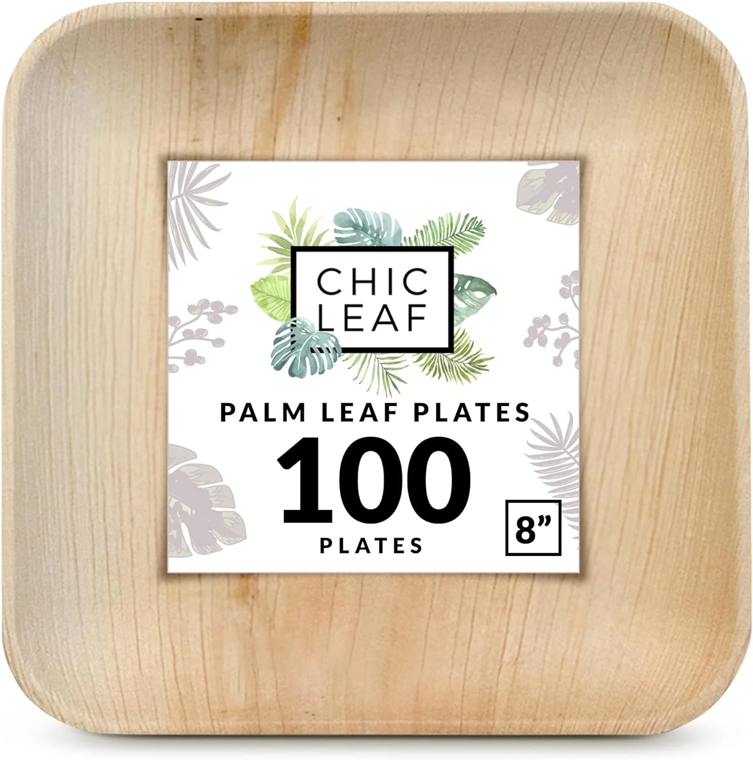 Leaf Plates Bamboo Like Disposable 8 Inch Square Party Bulk Pack 100 Pc - Compostable. Biodegradable. Eco Friendly Heavy Duty