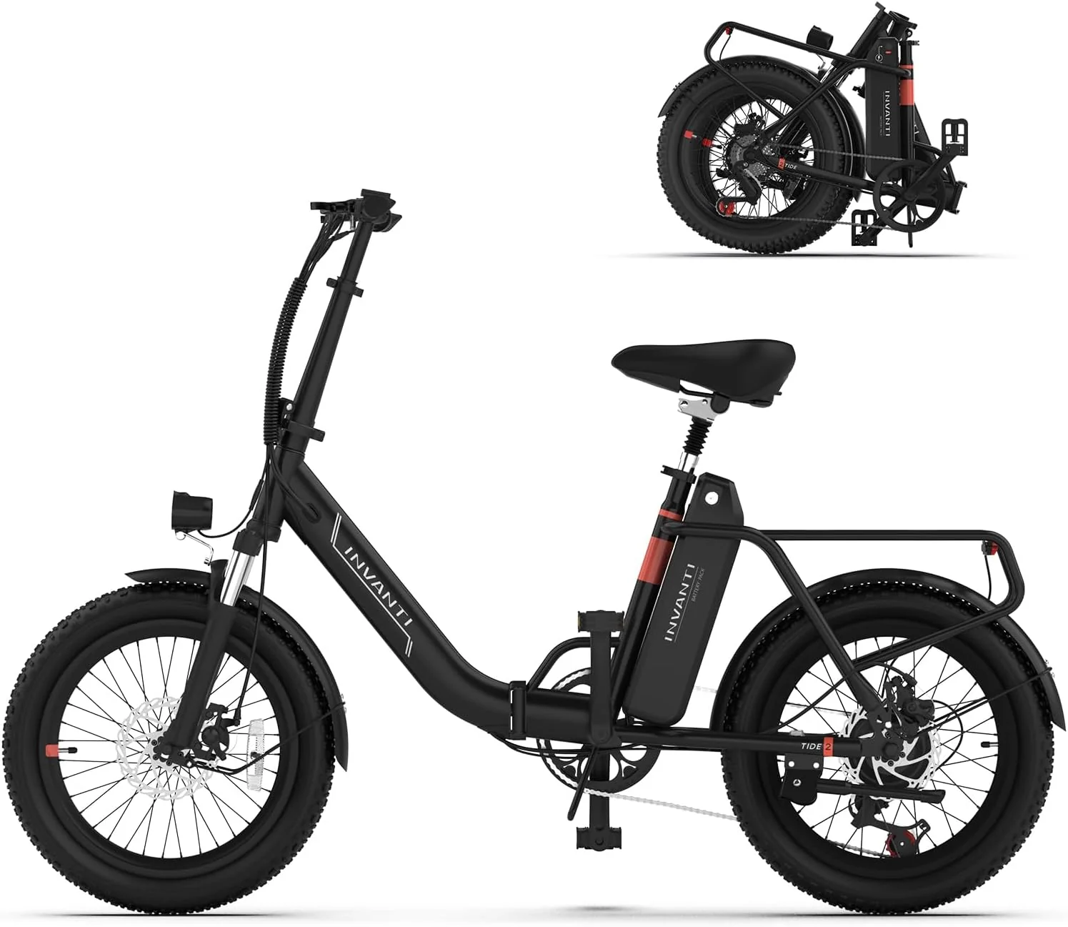 Electric Bike. 20 Fat Tire Step-Thru Bicycle. 900W Peak Motor 45 Miles 20MPH Top Speed. Dual Suspension & 7-Speed Folding Ebike with Rear Rack