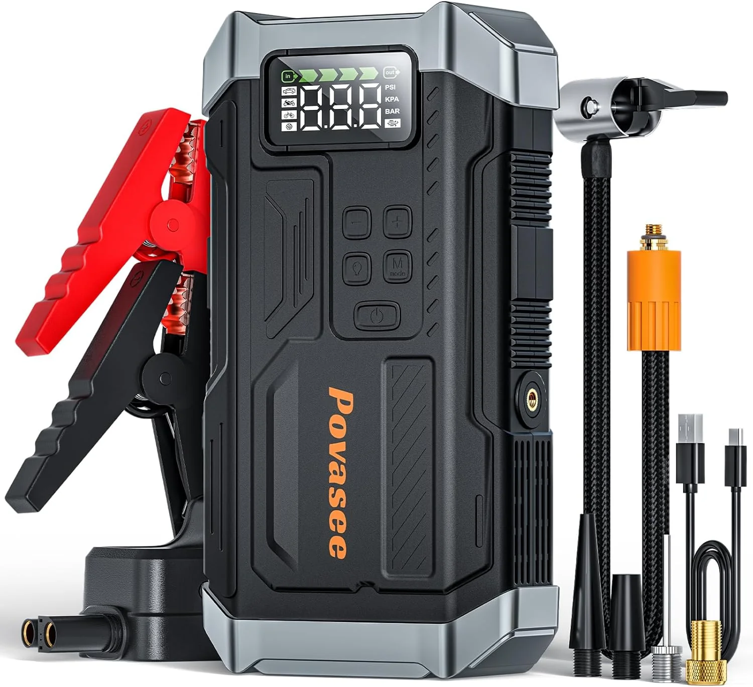 Jump Starter 5000A with Air Compressor & 150PSI Tire Inflator. 12V Battery Jump Box. LCD Display. Flashlight. Storage Case. Up to 9L Gas or 8L Diesel