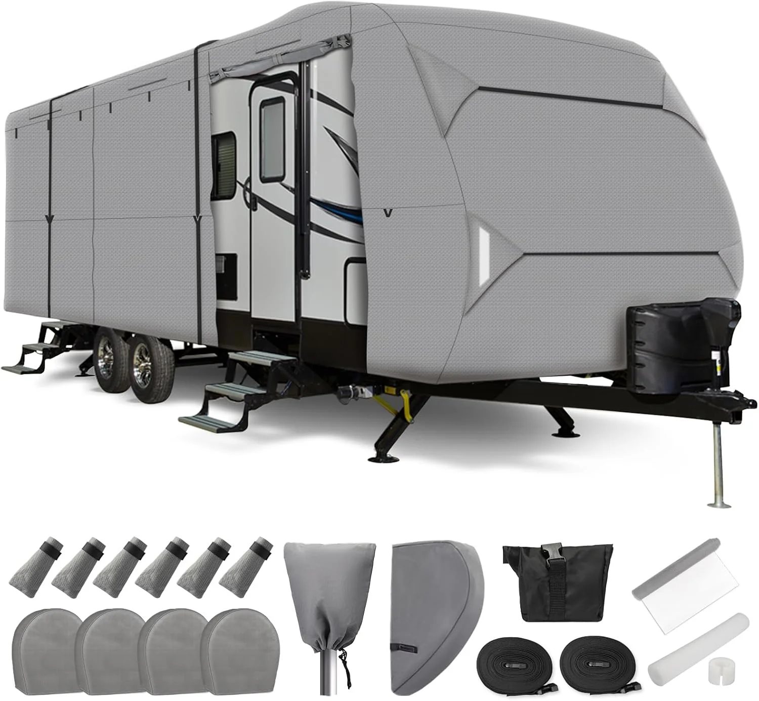 Premium RV Travel Trailer Cover – Extra Thick Anti-UV Ripstop Camper Cover with Tire Covers & Adhesive Repair Patches
