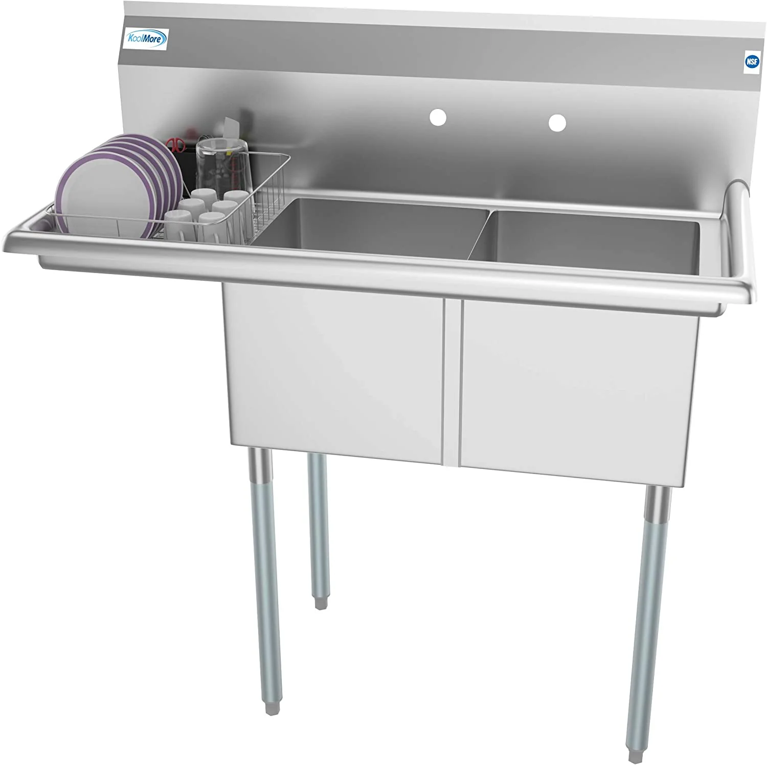 Commercial Kitchen Prep & Utility Sink with Drainboard. 2 Compartment Stainless Steel - Bowl Size 14 x 16 x 11