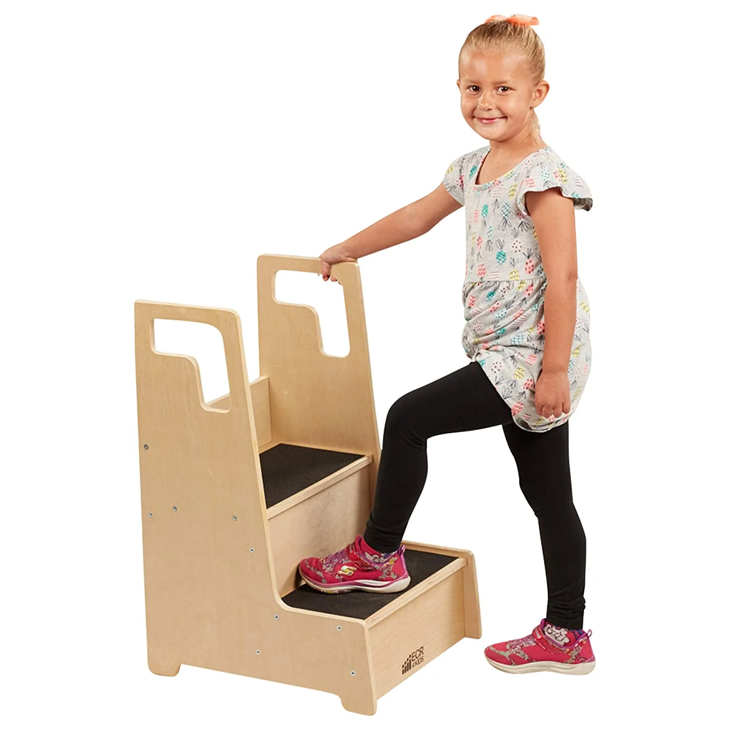 Non-Slip Reach-Up Step Stool with Support Handles for Kids and Toddlers. Natural Finish
