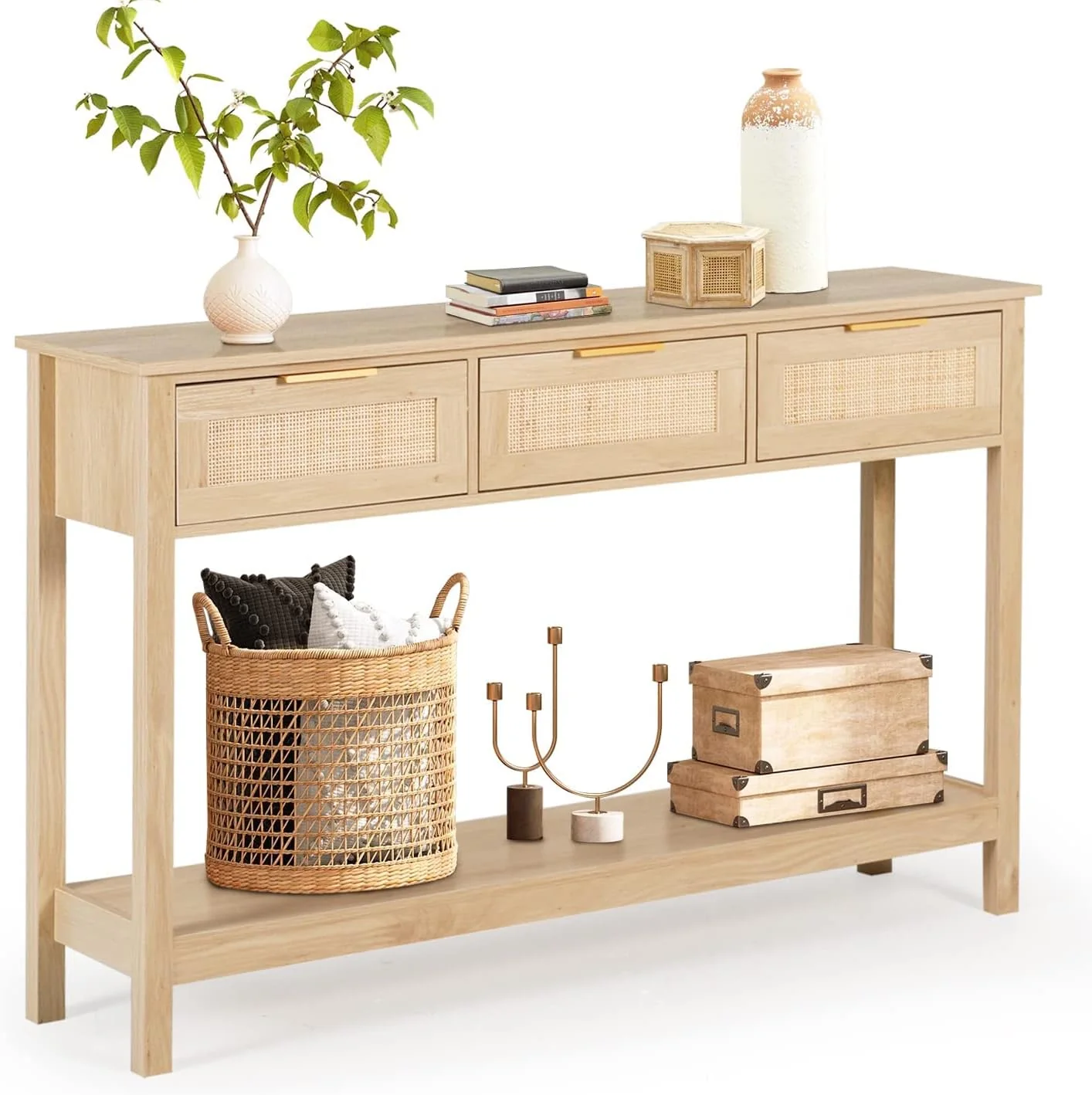 51 Table. Oak Grain Sofa Table with Wood Frame. Rustic Hallway Table with 3 Bamboo Weaving Storage Drawers and Shelf
