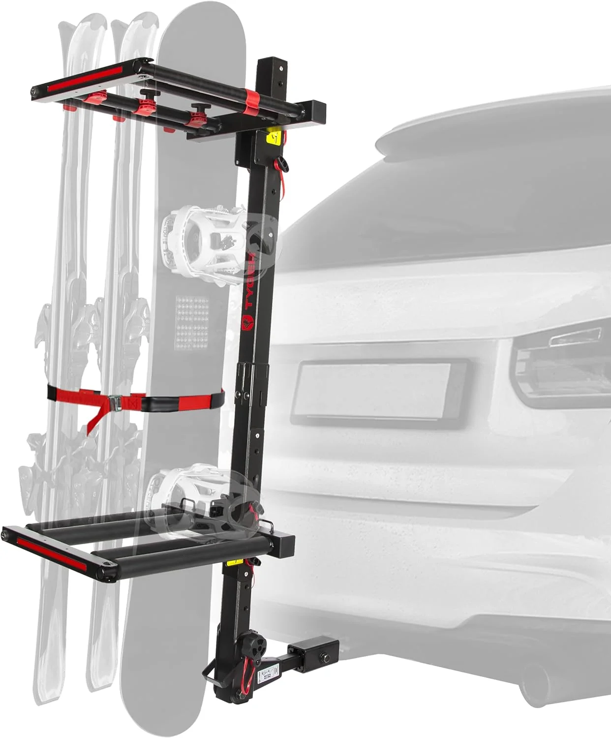 Folding Hitch-Mounted Ski or Snowboard Rack Fits 2 or 1.25 Receiver. Carries 6 Pair Skis or 4 Snowboards