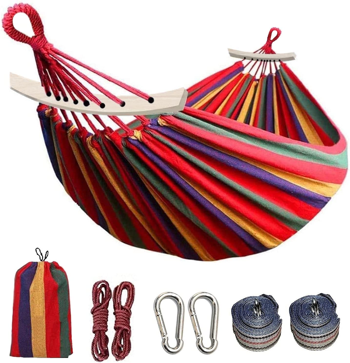 Double Hammock. 2 Person Cotton Canvas Hammock 450lbs with Carrying Bag Two Anti Roll Balance Beam Metal Carabiner Ropes and Tree Straps