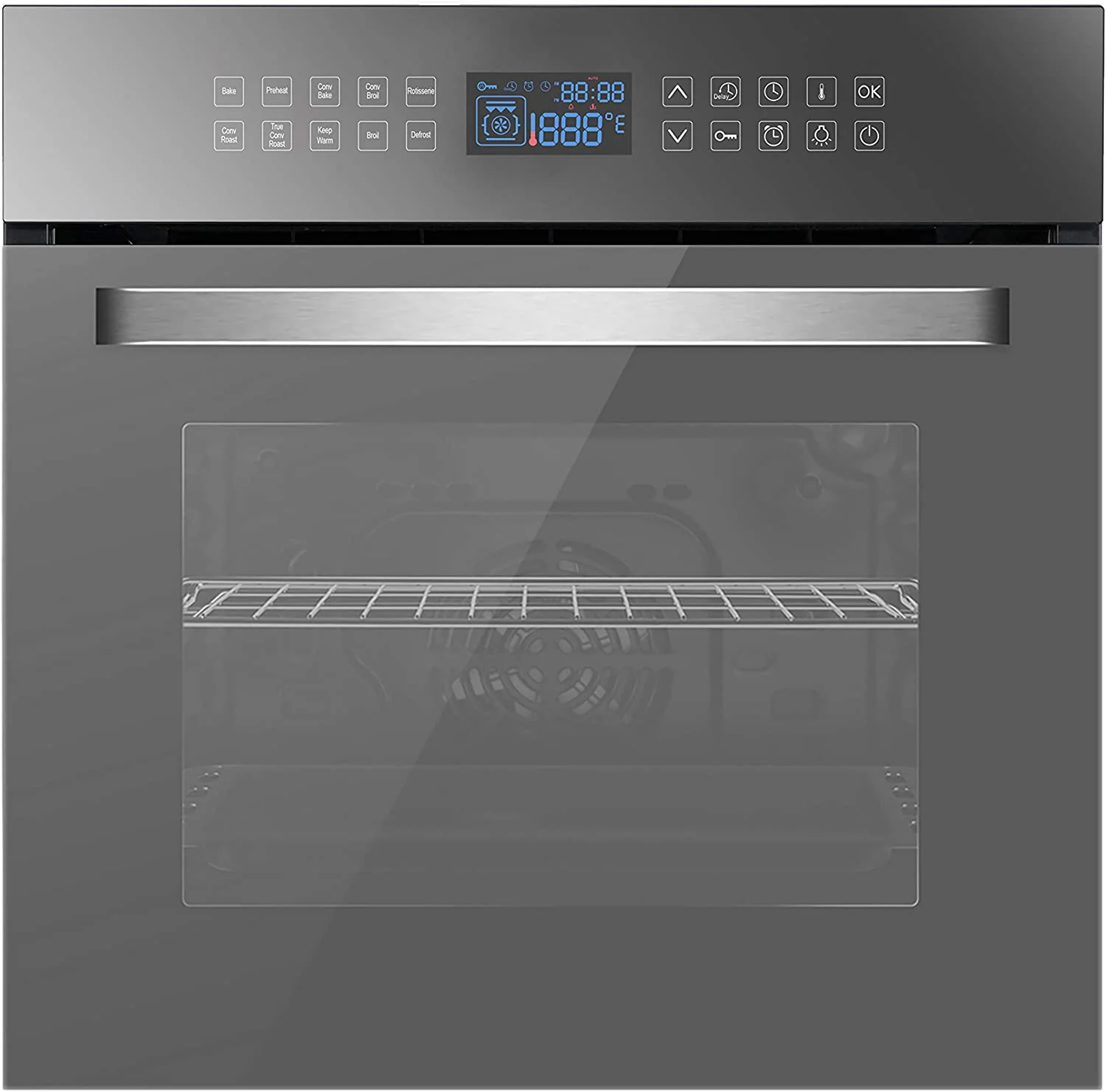 24 Inch Electric Single Wall Oven 10 Cooking Functions Deluxe 360° ROTISSERIE with Sensitive Touch Control. Stainless Steel