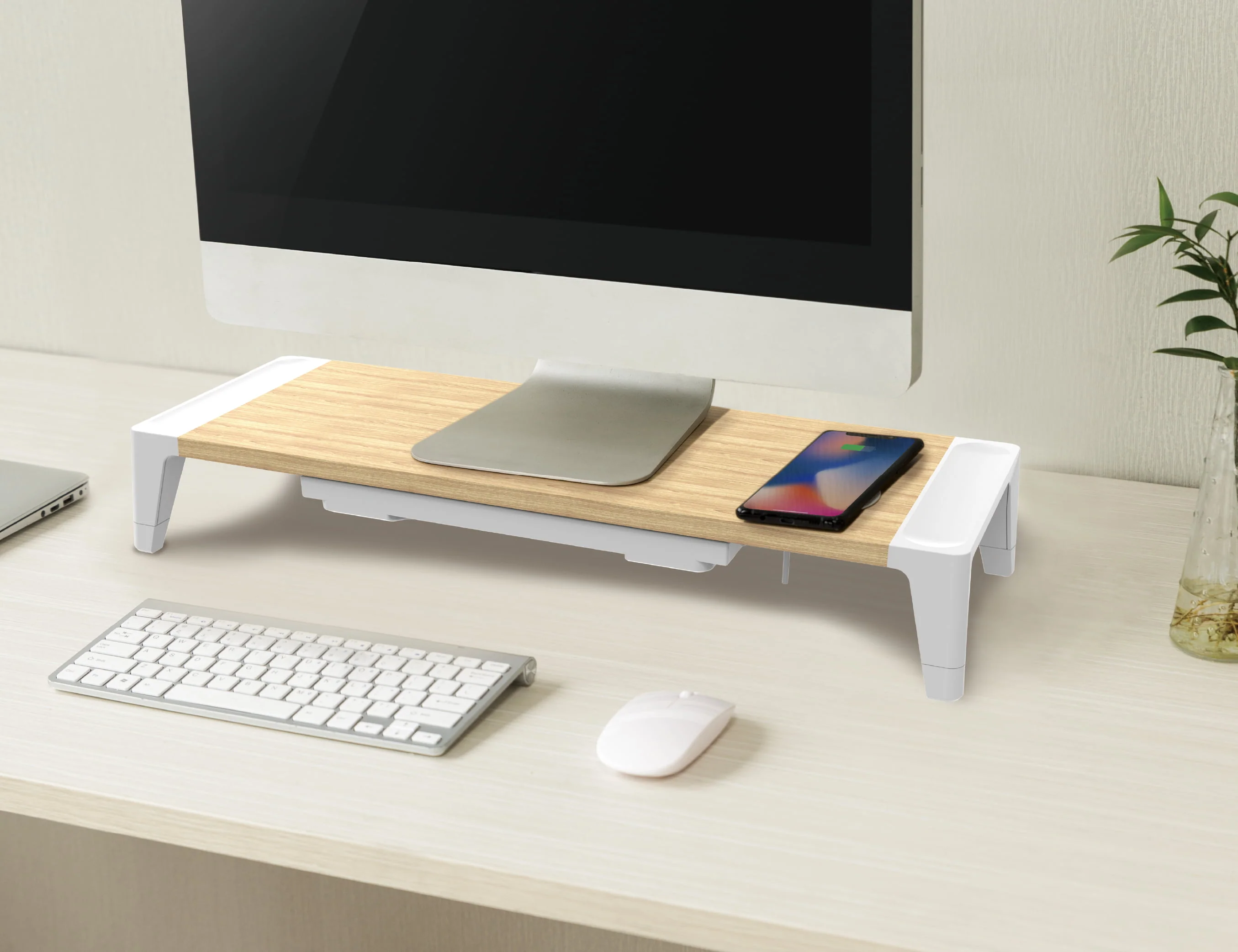 Wooden Monitor Stand. Wireless Charging Pad. Drawer for Storage. Adjustable Height Riser