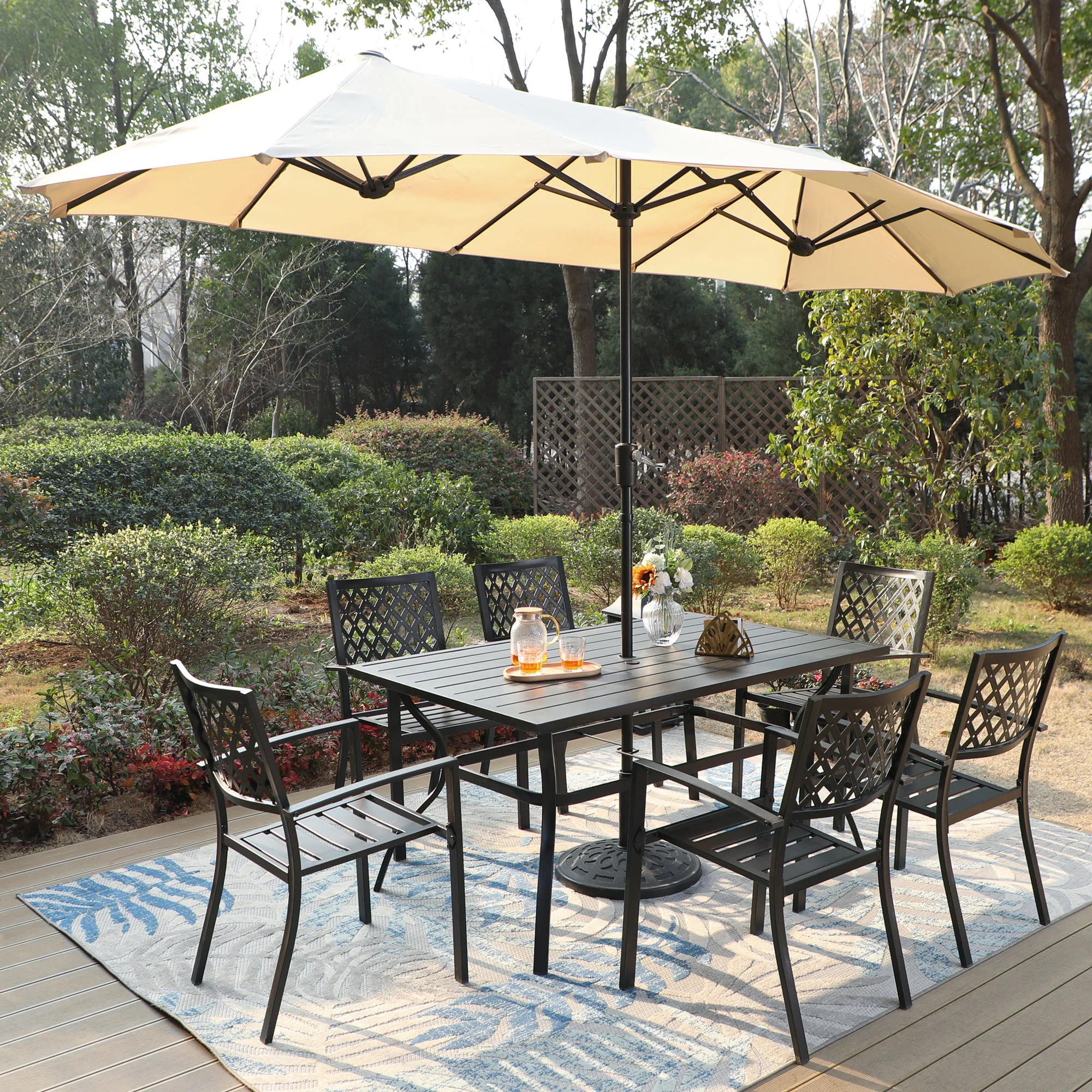 Set of 8 Outdoor Dining Set with 13 ft Umbrella & Stack-able Chairs for 6-Person. Black & Beige