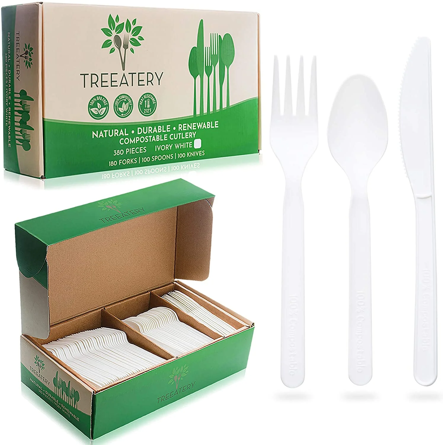 Compostable Cutlery Set - 380 Value Pack. 180 Forks. 100 Spoons. 100 Knives - Eco Friendly Utensils -BPI Certified Plant-Based Disposable