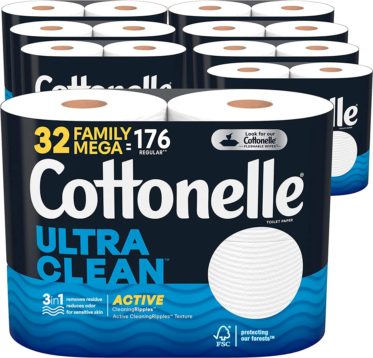 Toilet Paper with Active Cleaning Ripples Texture. Climate Pledge Friendly Strong Bath Tissue