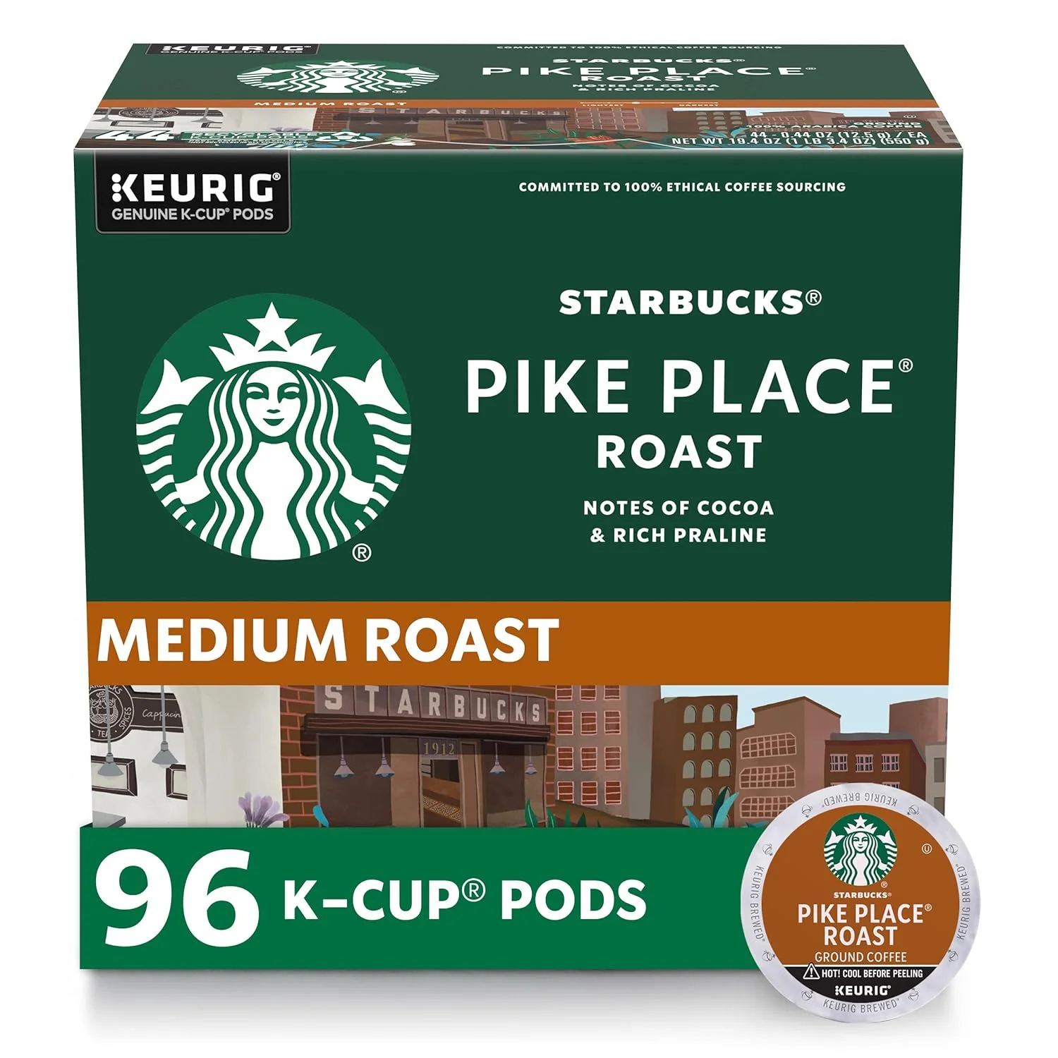 Coffee Pods. Medium Roast Coffee. Pike Place Roast for Keurig Brewers. 100% Arabica. 4 boxes. 96 Pods Total