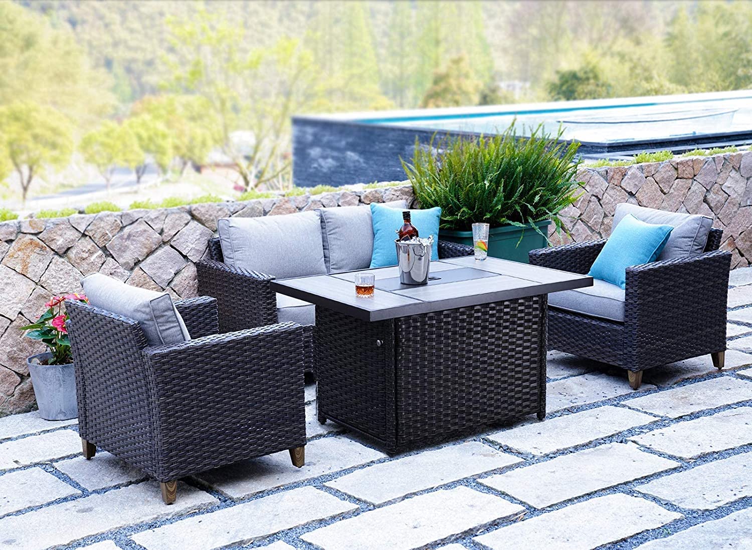 Patio Sofa Sets 5 Pcs with Fire Pit Table. PE Rattan Wicker Patio Furniture Sectional Sofa with Thick Cushions for Yard Garden Porch