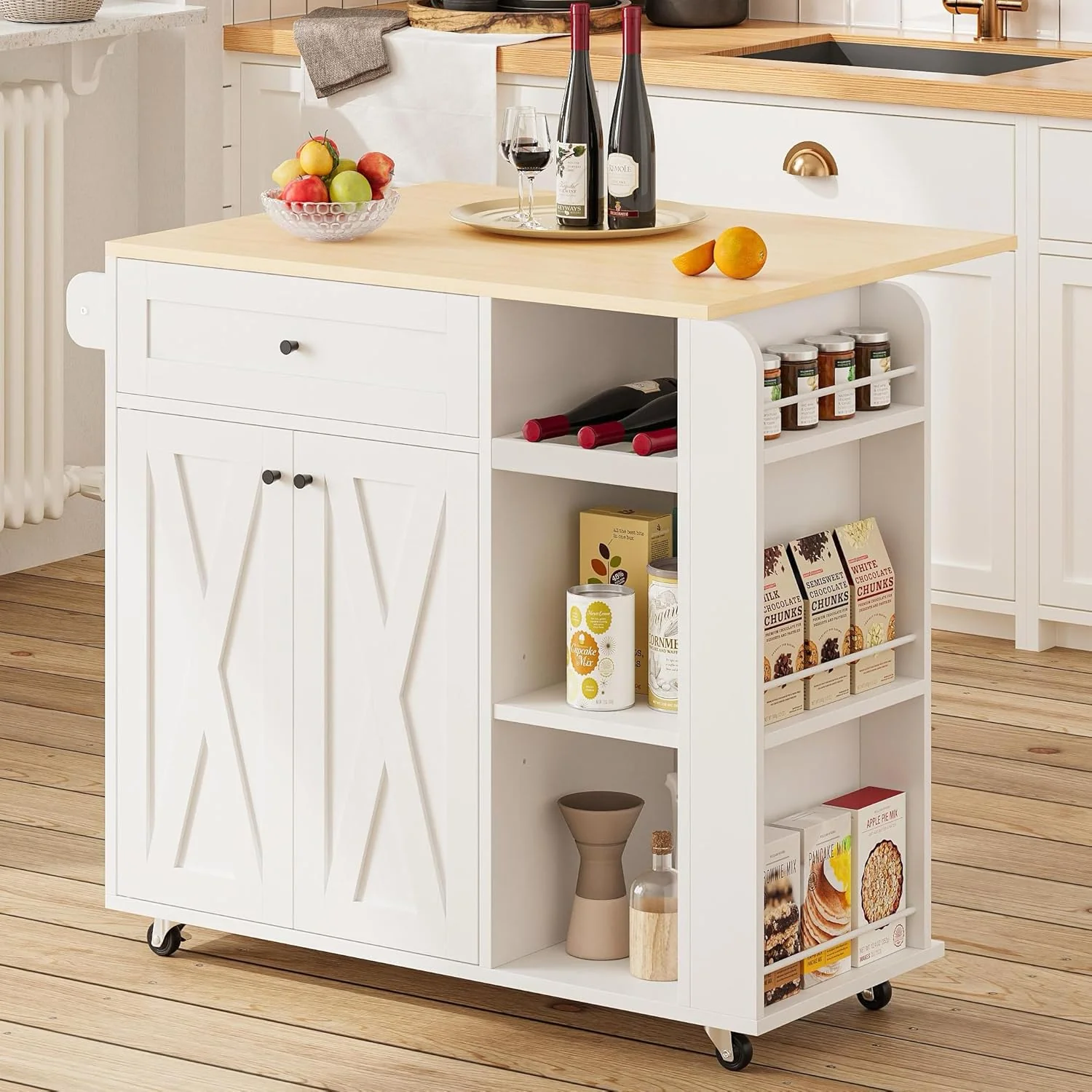 Rolling Kitchen Island Cart with Drop Leaf. Wine Rack & Storage