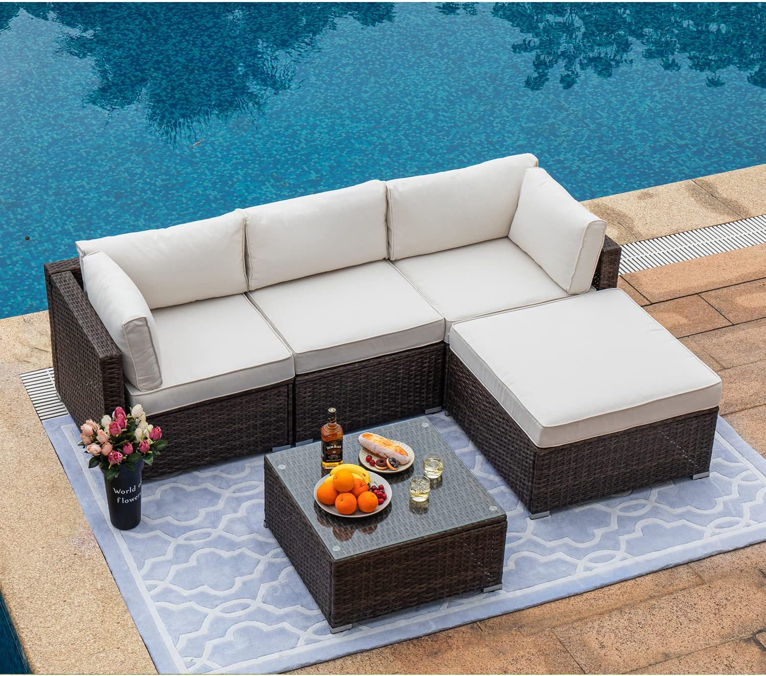 5-Piece Outdoor Furniture All-Weather Mottlewood Brown Wicker Sectional Sofa w Warm Gray Thick Cushions. Glass-Top Coffee Table. Patio