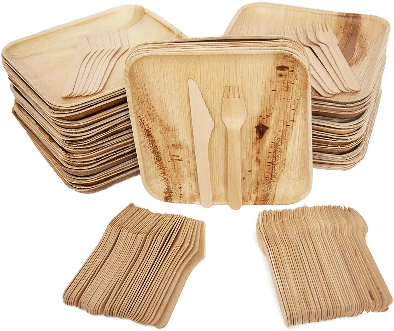 Disposable Party Pack of 150 Eco-friendly Palm Leaf Plates with Cutlery. 50 Disposable 8 Square Palm Leaf Plates. 50 Wood Forks. 50 Wood Knives