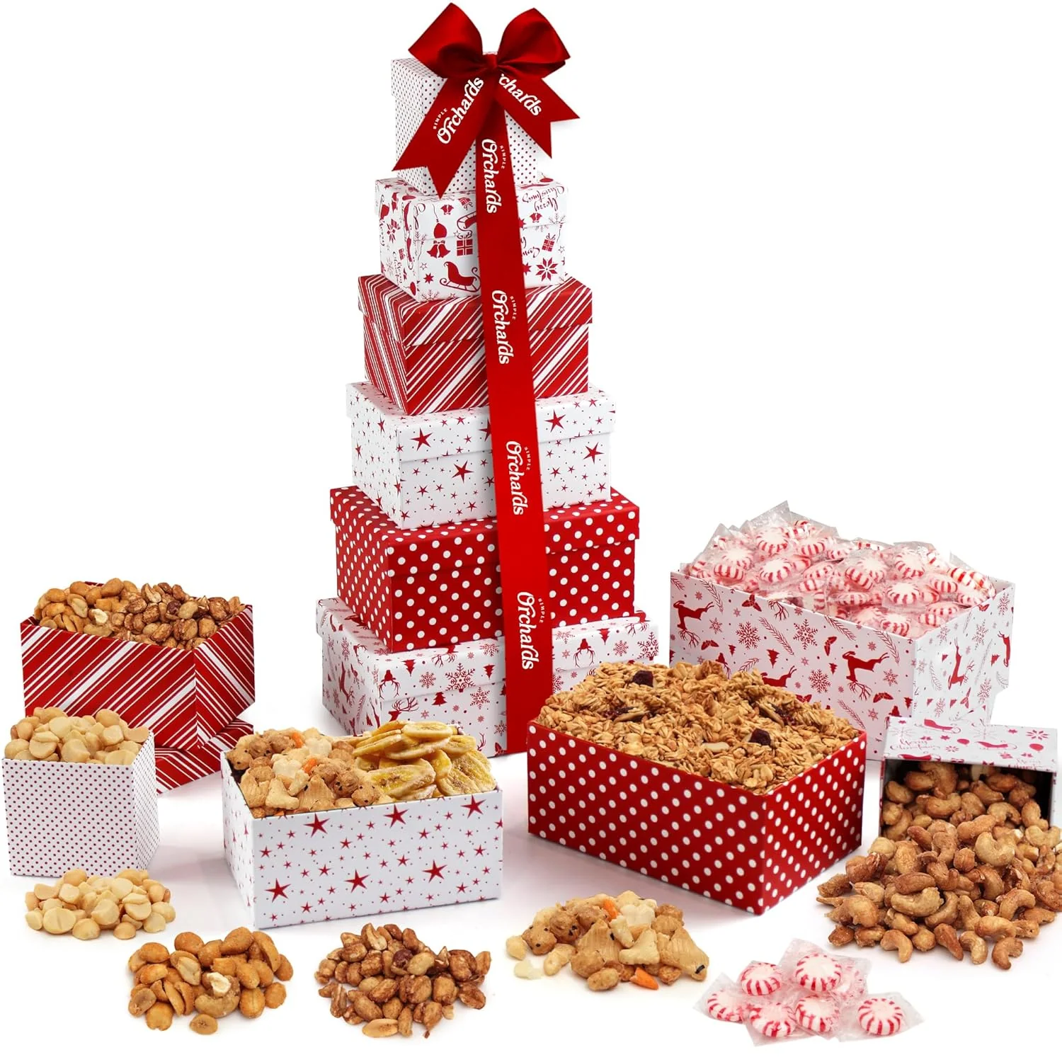 Holiday Gift Basket Tower. 6-Tier Gourmet Nuts & Snacks Set. Perfect Christmas Gift for Men & Women