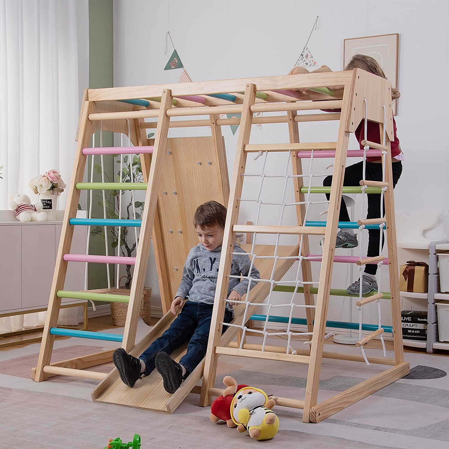 Wooden Climber Playset 6-in-1 Slide. Indoor Playground Jungle Gym for Children Ages 2 - 6yrs