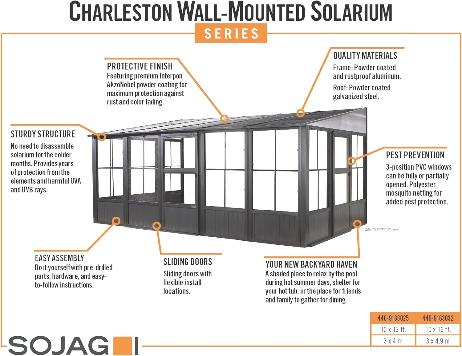 Wall Mounted Solarium. Galvanized Steel Roof. Sturdy Aluminum Structure. Sliding Doors