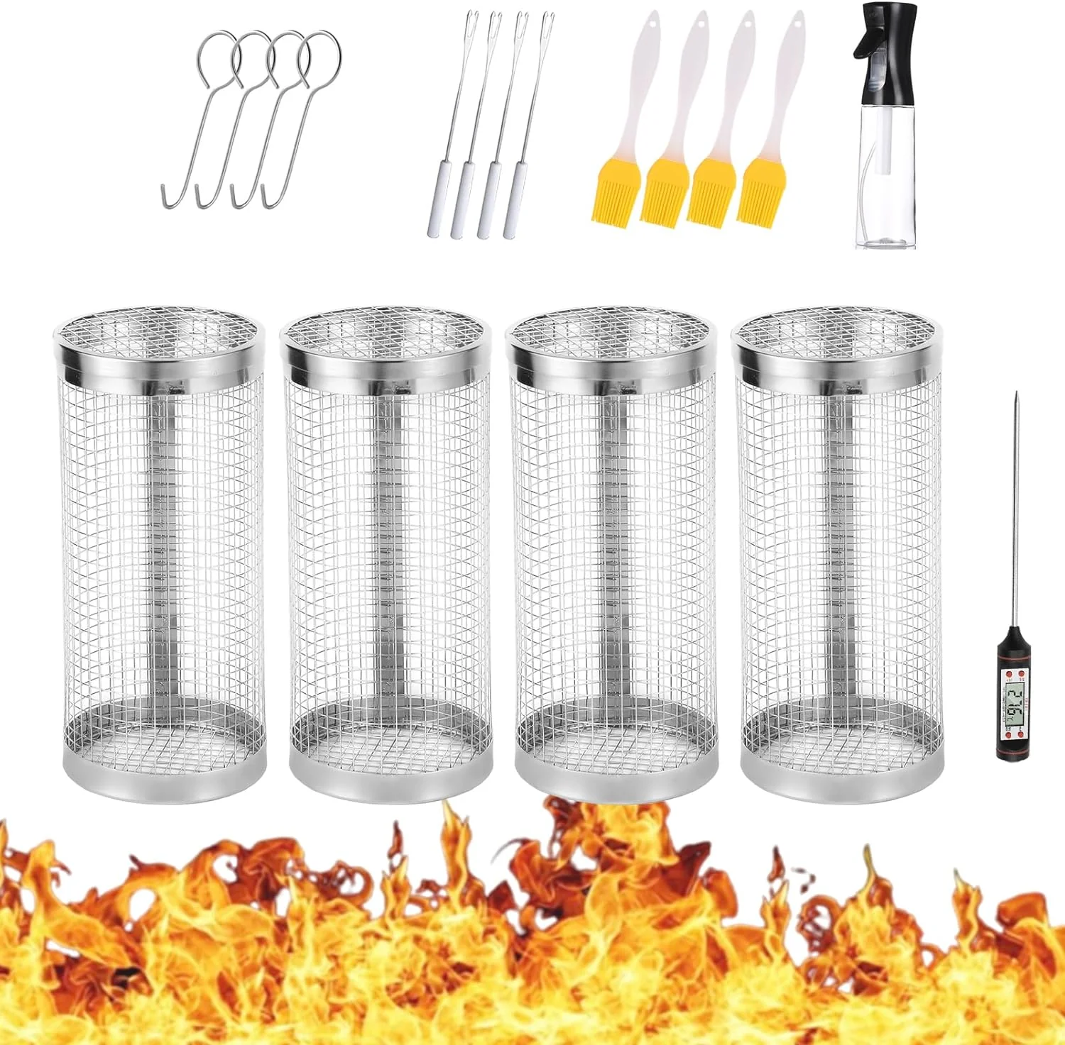 Portable Rolling Grilling Basket. Round Stainless Steel BBQ Grill Mesh. 3 Pcs