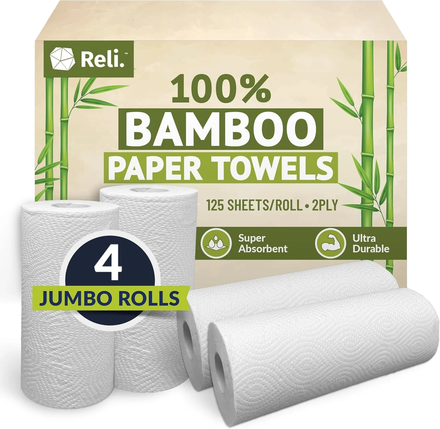 Bamboo Paper Towels (4 Jumbo Rolls. 2-Ply) – 125 Full-Size Sheets per Roll | Unbleached. Organic. 100% Bamboo | Eco-Friendly Towels for Kitchen & Bathroom