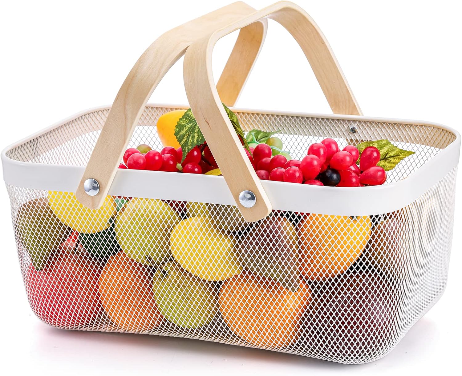 White Mesh Storage Basket with Handle. Multi-Functional Wire Bin for Garden Harvest. Fruits. and Kitchen Use