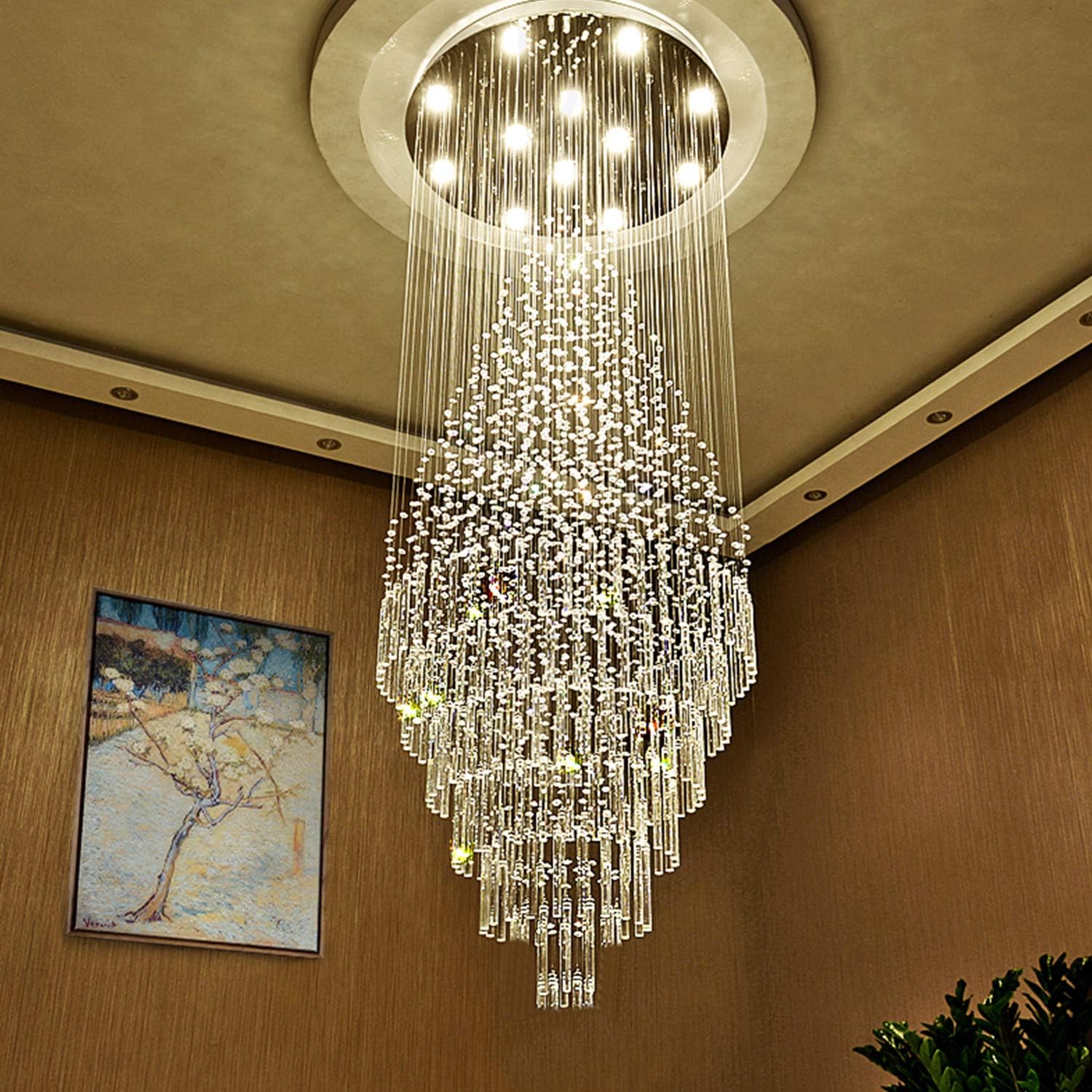 Flush Mount High Ceiling Chandelier. Modern Raindrop Crystal Chandeliers
