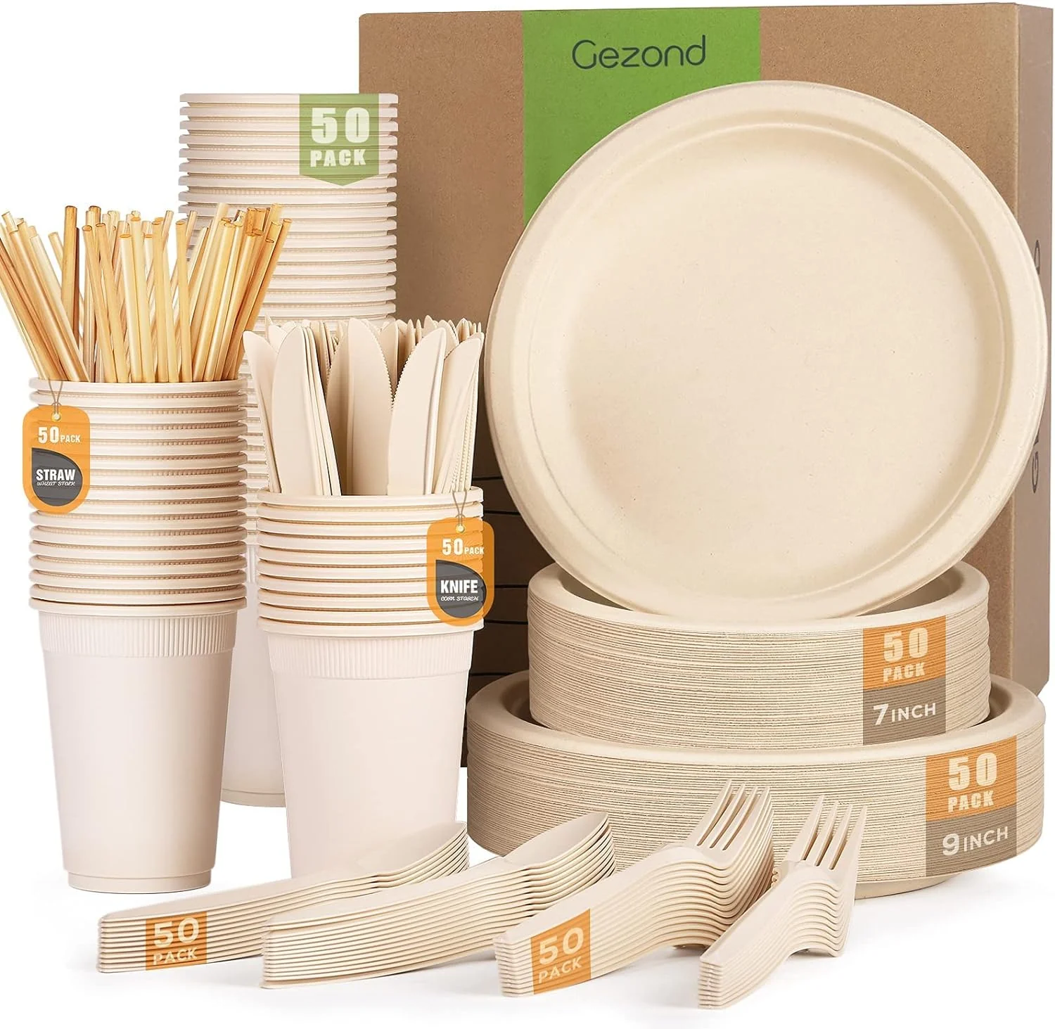 350-400 Pcs Compostable Paper Plates Set. Eco-friendly Heavy-duty Disposable Cutlery. Biodegradable Forks. Knives. Spoons. Cups and Straws
