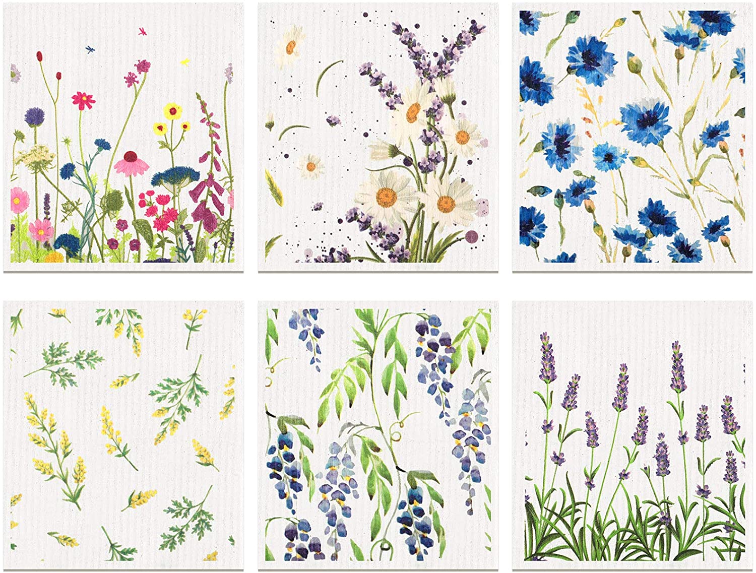 Reusable Swedish Kitchen Dish Towels. Wildflowers Sponge Cleaning Cloths. Absorbent Quick Drying Washable No Odor Hand Towels