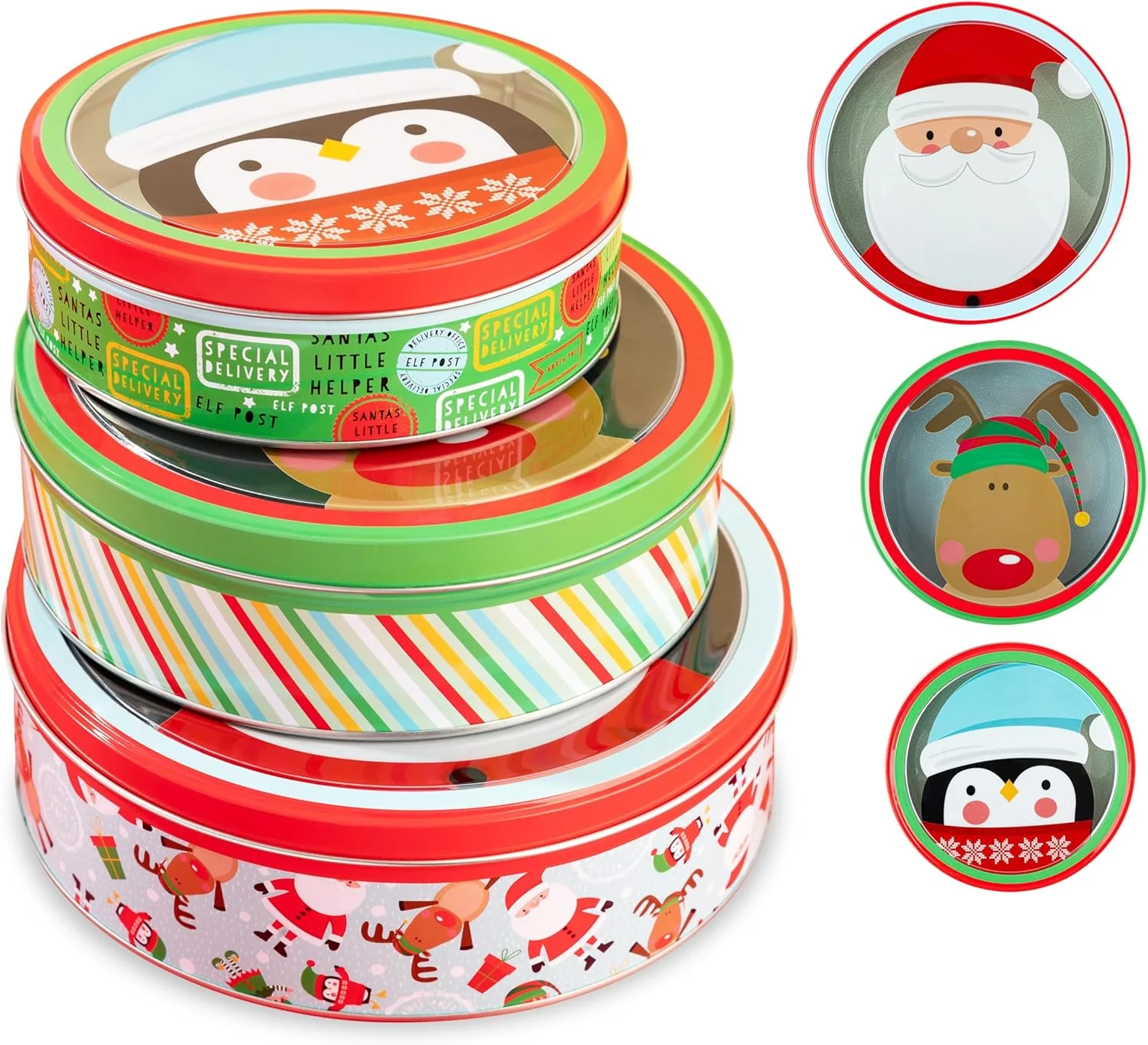 3 Christmas Cookie Tins- Round Christmas Cookie Tins with Lids for Gift Giving